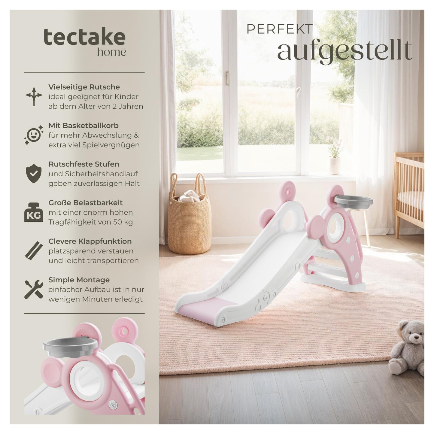 tectake® Rutsche mit Basketballkorb, Kinderrutsche, Baby Rutsche klappbar, für Kinder ab 2 Jahre, Spielgeräte zum Klettern und Bewegung Kinder Indoor und Outdoor Spielzeug, Indoor Spielplatz - pink