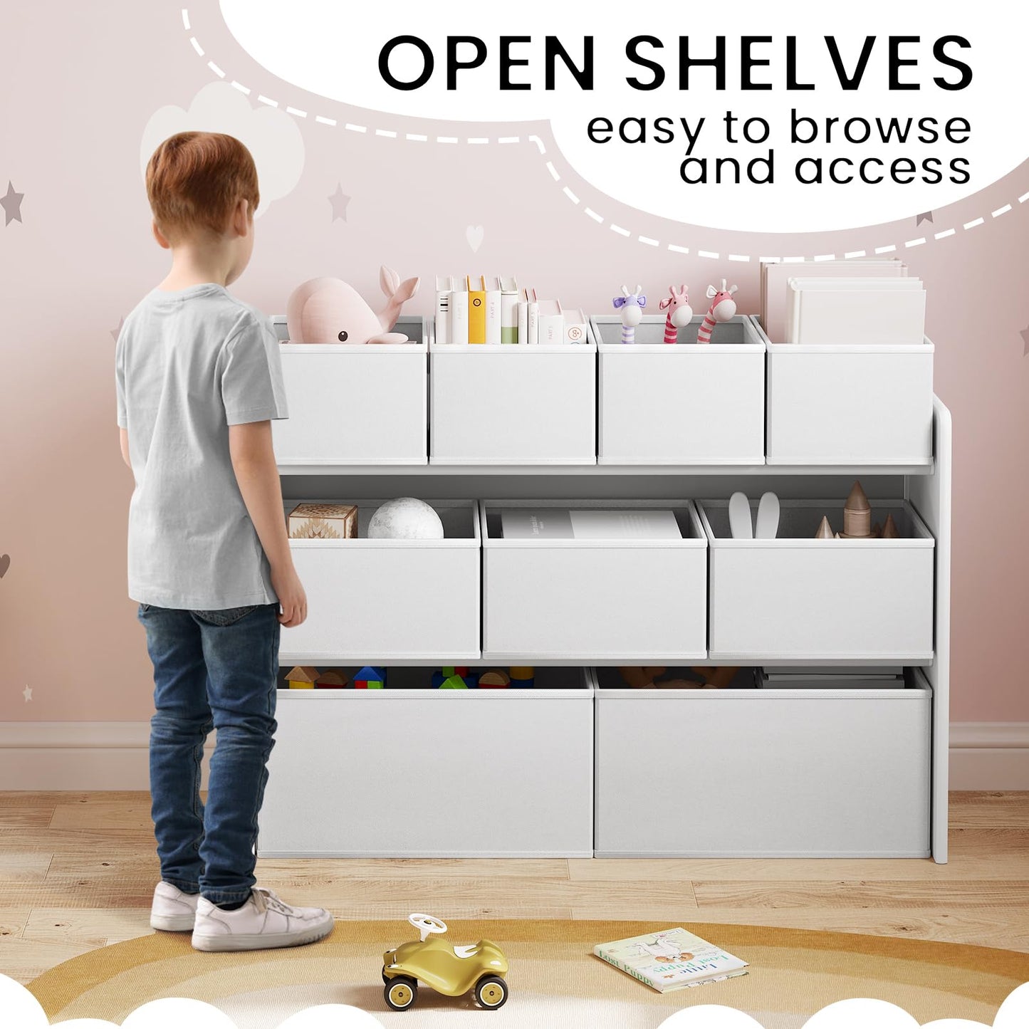Lestarain Kinderregal mit 9 Aufbewahrungsboxen, Spielzeugregal, Regal Kinderzimmer Spielzimmer, Kinderregal, 63x60x30 cm, Weiß