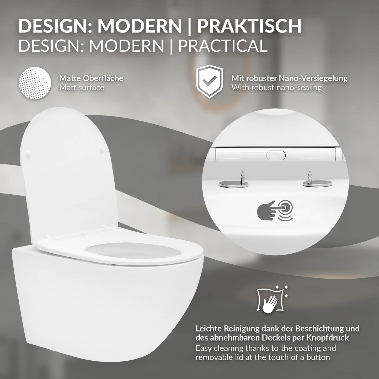 ECD Germany Rimless Wall-Mounted Toilet Ceramic White Matt with Nano Coating, Wall Toilet Long 52 cm, Removable Toilet Seat Made of Duroplast Soft Close Mechanism, Deep Washdown with Lotus Effect