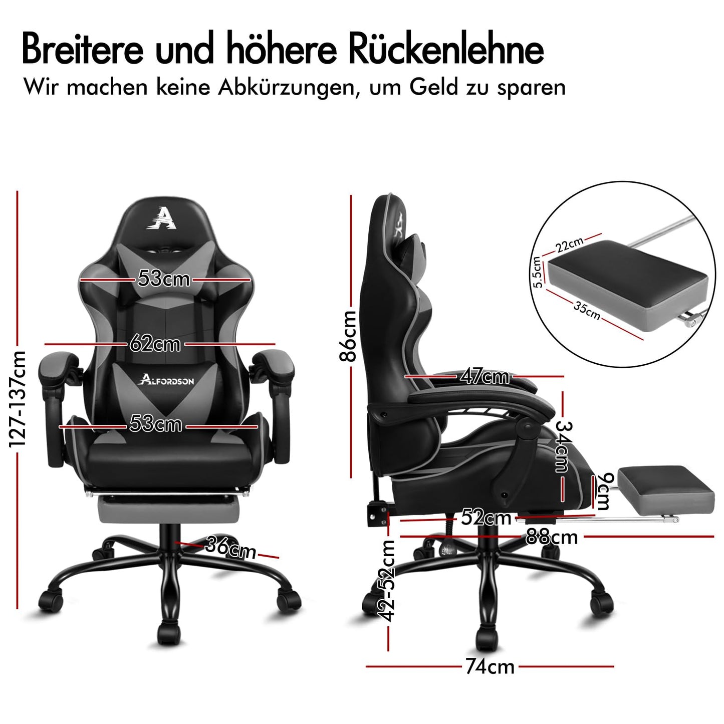 ALFORDSON Videospielstuhl, ergonomischer Bürostuhl, Massage-Rennstuhl, einziehbare Fußstütze, PU-Leder, höhenverstellbar und neigbar, 180 kg Tragkraft, Schwarz