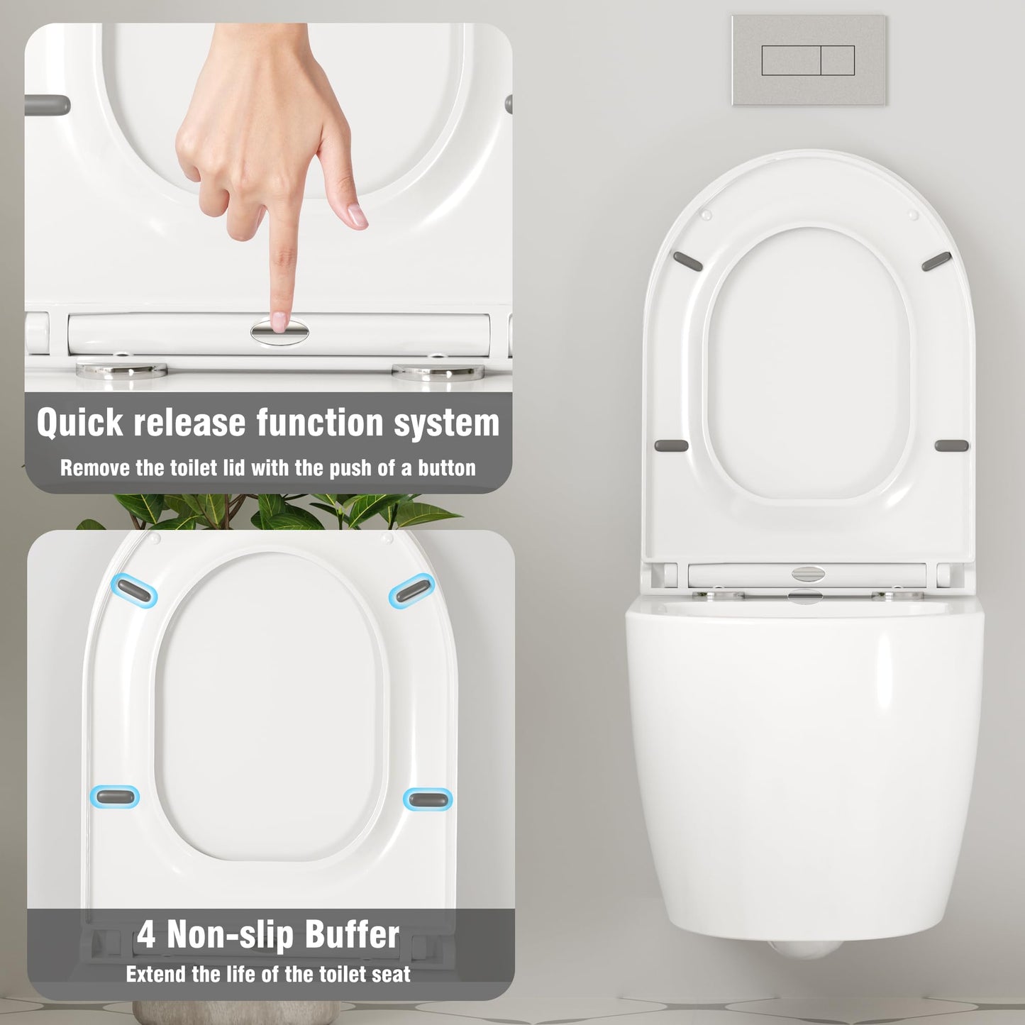 Hängend WC Spülrandlos Toilette, Wand-WC Set aus Keramik mit Toilettendeckel Abnehmbaren Absenkautomatik Effizienter Spültechnik Hängetoilette, D-Form,Lang 51cm, Weiß
