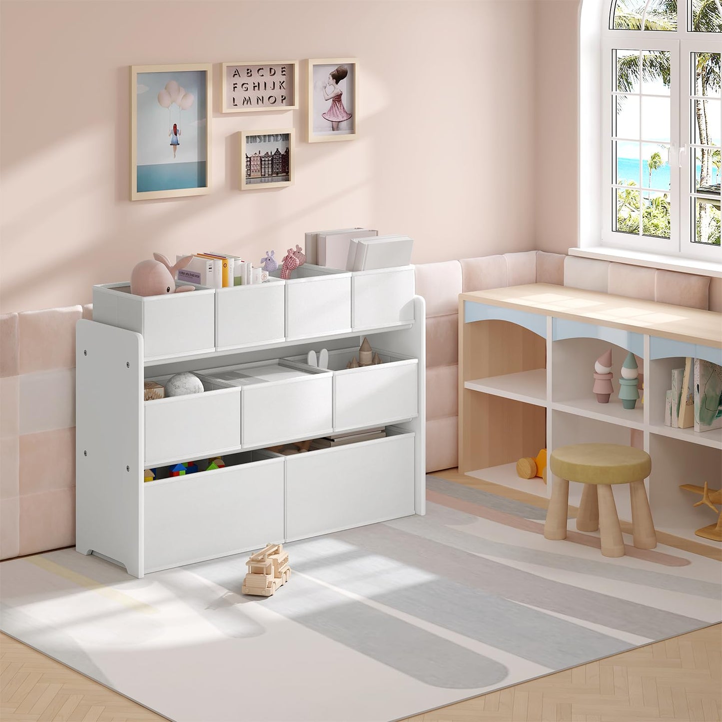 Lestarain Kinderregal mit 9 Aufbewahrungsboxen, Spielzeugregal, Regal Kinderzimmer Spielzimmer, Kinderregal, 63x60x30 cm, Weiß