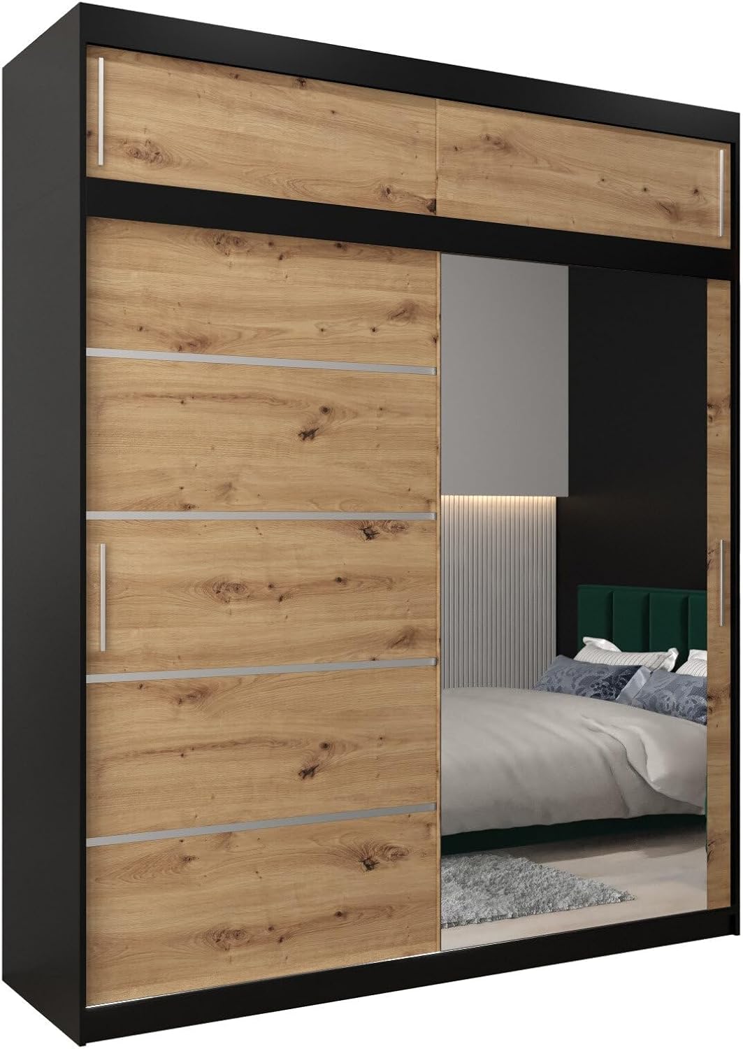 MEBLE KRYSPOL Kleiderschrank mit Spiegel Verona 2 - Garderobenschrank - Schrank Schlafzimmer - Mehrzweckschrank DREI Schiebetüren - Regalen - Flur Möbel - Kleiderstange Schrank - Allzweckschrank