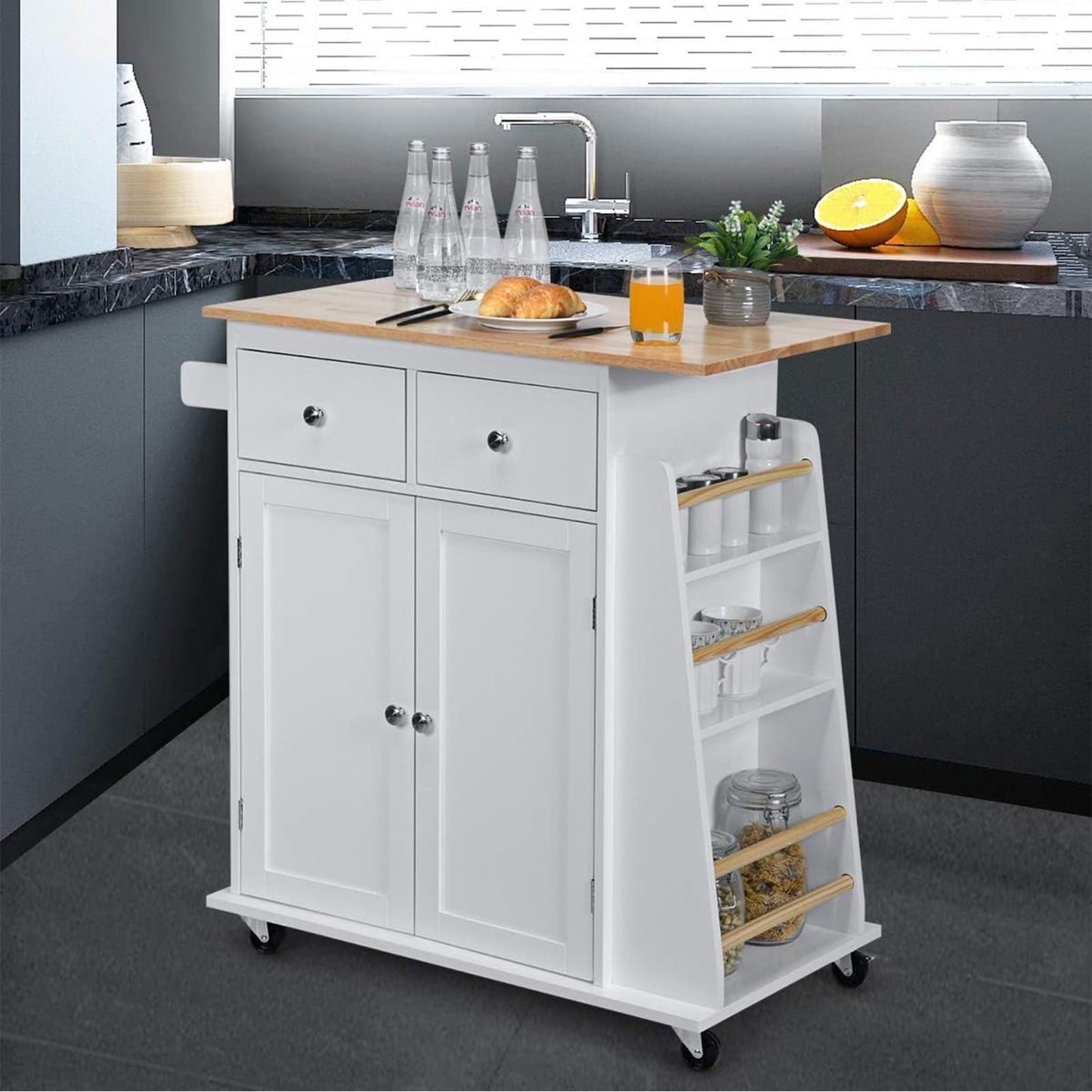 GOPLUS Kitchen Island with Wheels, Serving Trolley with 2 Drawers, 3-Tier Spice Rack, Towel Holder Cabinet, Rubber Wood Worktop & Lockable Wheels for Dining Room, Kitchens (Black)