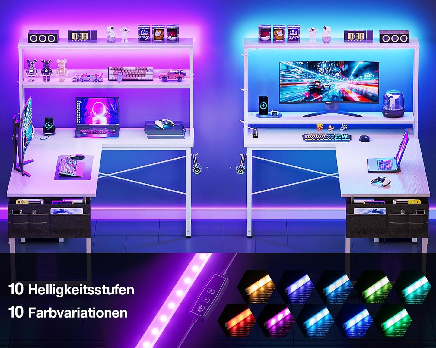 Coleshome Gaming Tisch L Form mit LED & Steckdosen, 135 × 100 cm Reversibel Gaming Schreibtisch mit Ablageregalen, Eckschreibtisch mit Aufbewahrungstasche für Homeoffice und Gaming, Schwarz