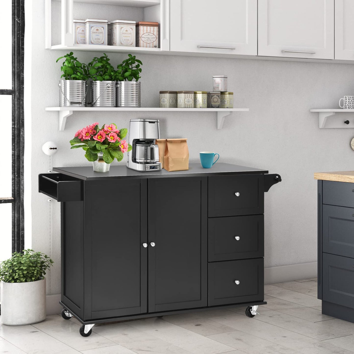 KOMFOTTEU Movable Kitchen Island with Stainless Steel Worktop, Kitchen Trolley with 3 Drawers & Towel Rail & Adjustable Shelf, Kitchen Cabinet on Wheels, Kitchen Trolley 135 x 45.5 x 91.5 cm (Black)