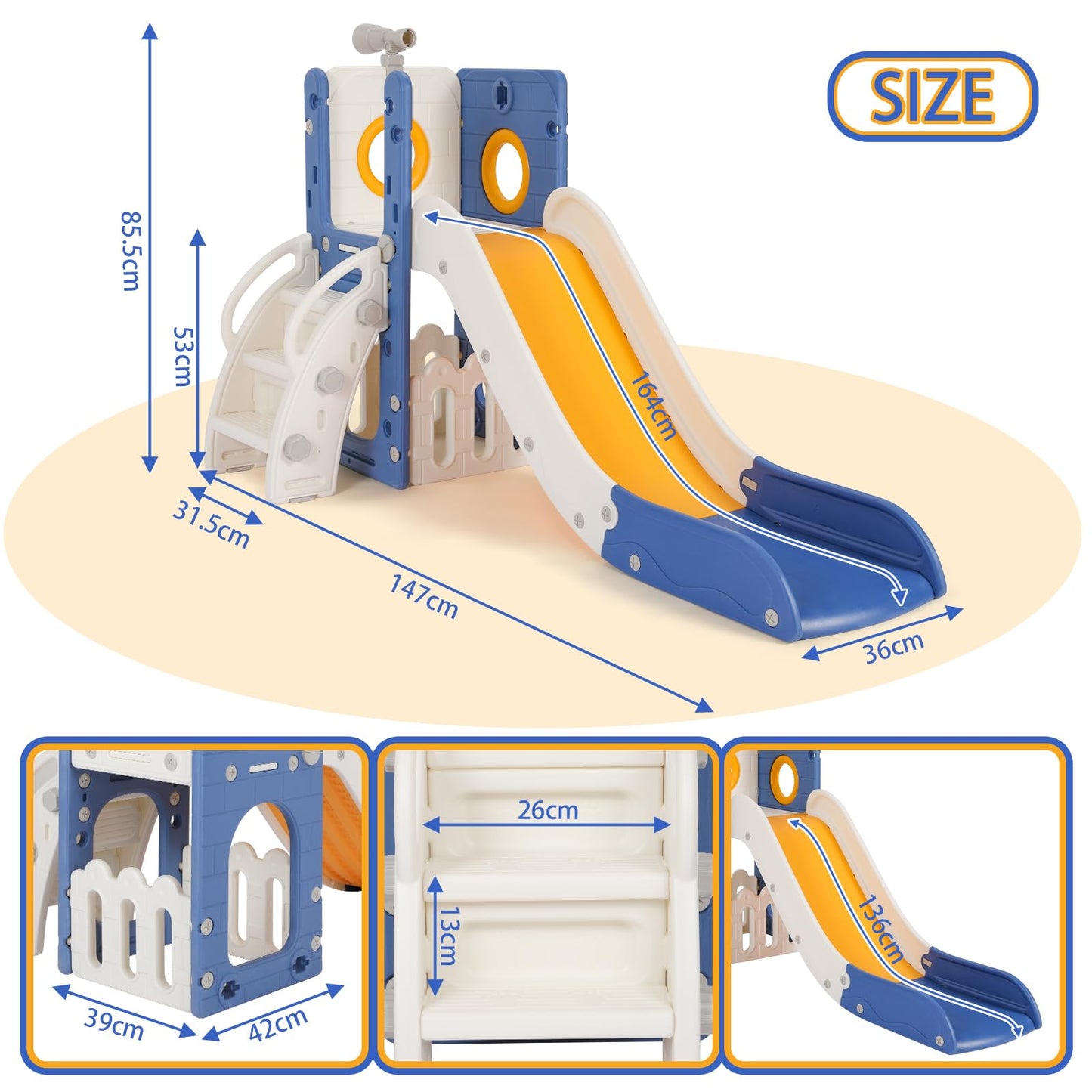 Kinderrutsche, für 1-3 Jahre, Indoor & Outdoor Rutsche ab 1 Jahre, Freistehende Rutsche mit Stauraum & Spielteleskope, Gartenrutsche, Kinder Spielplatz, mit 2PCS Moduls, Grün Grau