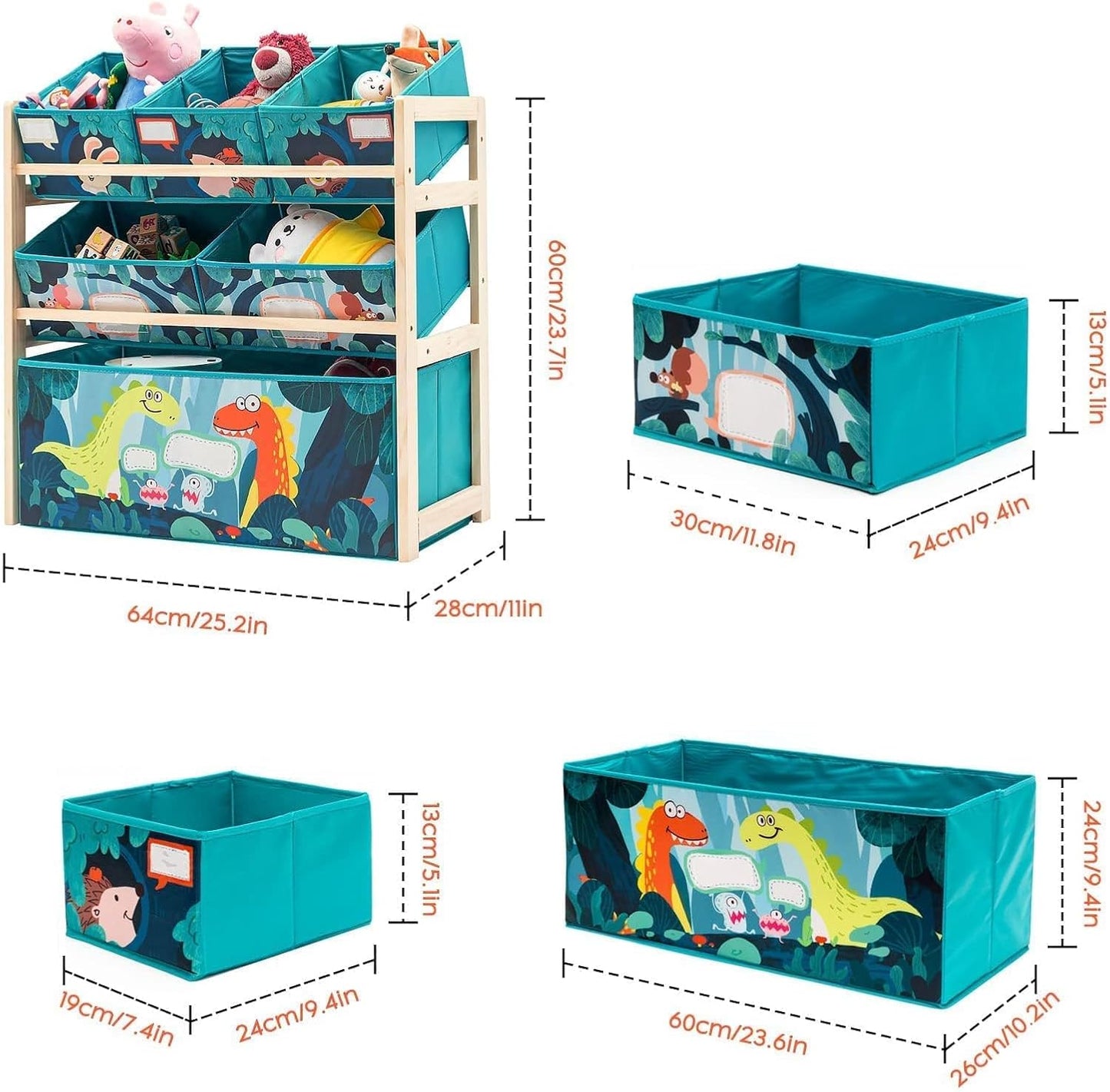 NUKied Spielzeug-Organizer|Aufbewahrungsregal|3-stöckiges Holzregal für Kinder mit Regalboxen|Bücherregal für |Kinder|Kinderzimmer|Schule|Kindergarten Stoffschubladen für Bücher und Spielzeug