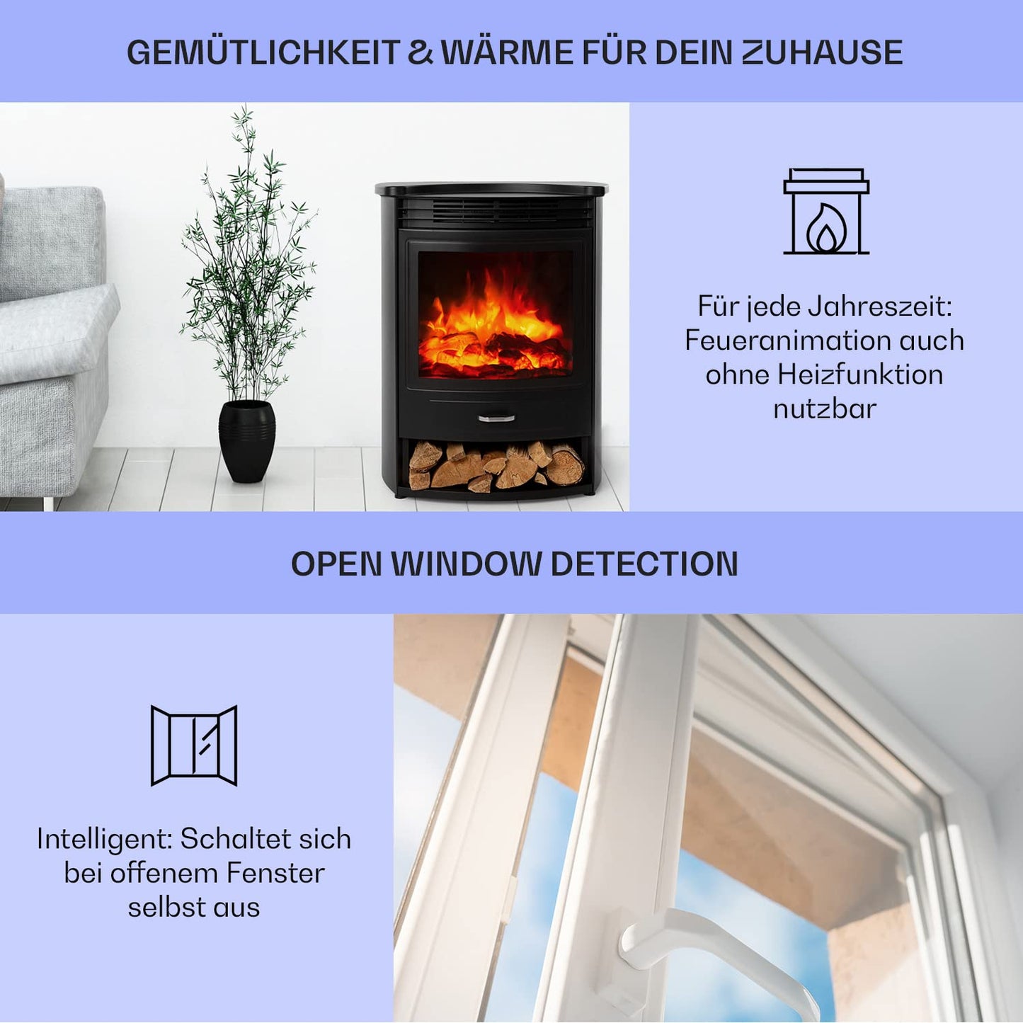 Klarstein Elektrokamin, Elektro Heizungen für Wohnzimmer & Innenräume, Elektrischer Kamin mit LED Flammen, mit Fernbedienung, Heizlüfter mit Timer, Einstellbarer Thermostat, Heizung 1900 W