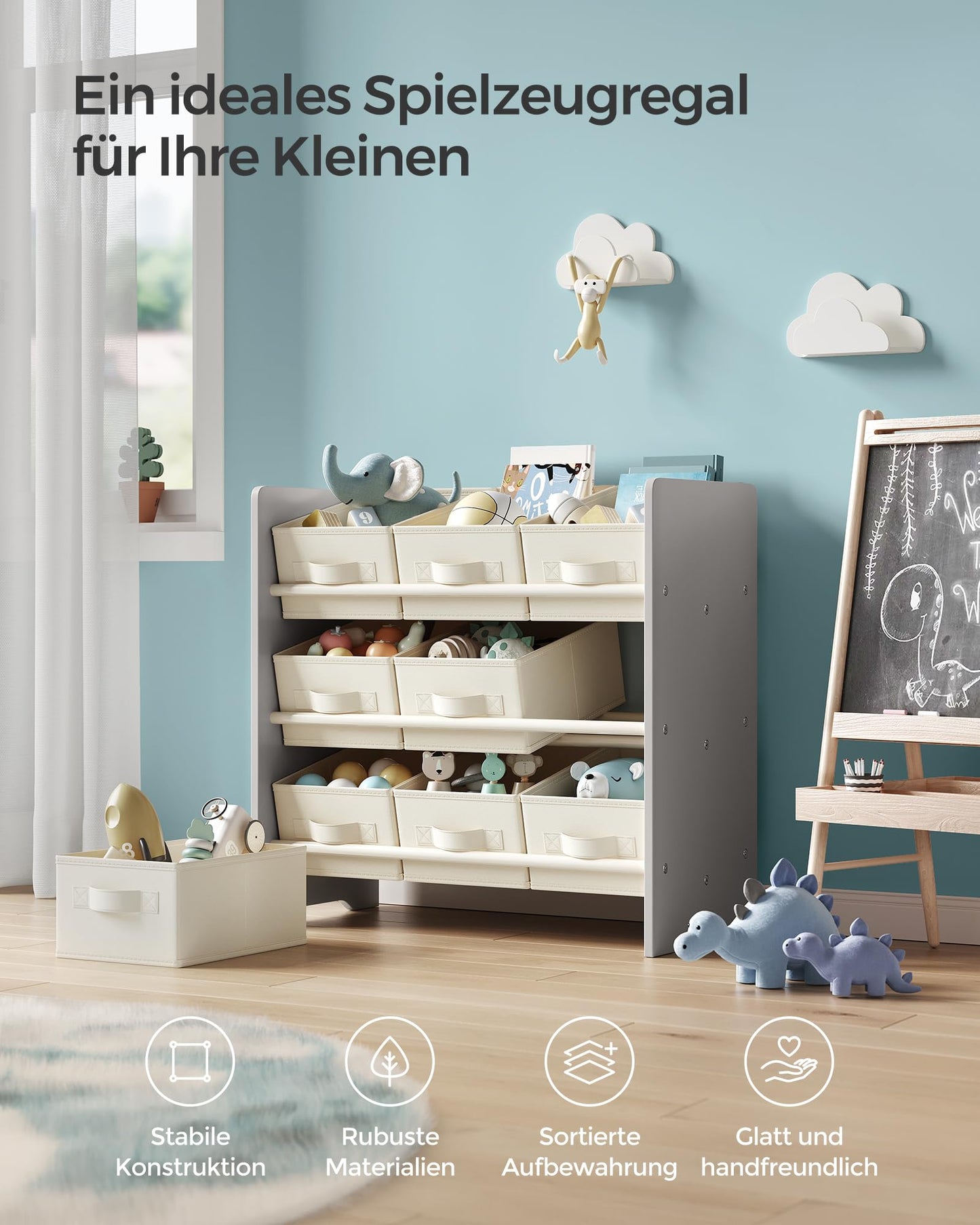 SONGMICS Kinderregal, Spielzeugregal, Bücherregal Kinder, mit 9 Aufbewahrungsboxen aus Vliesstoff, Kinderzimmer Regal, geräumig, 29,5 x 62,5 x 60 cm, wolkenweiß GKR033W10