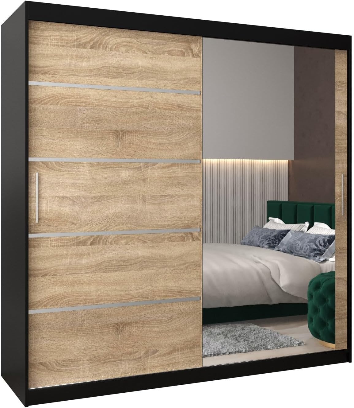 MEBLE KRYSPOL Kleiderschrank mit Spiegel Verona 2 - Garderobenschrank - Schrank Schlafzimmer - Mehrzweckschrank DREI Schiebetüren - Regalen - Flur Möbel - Kleiderstange Schrank - Allzweckschrank