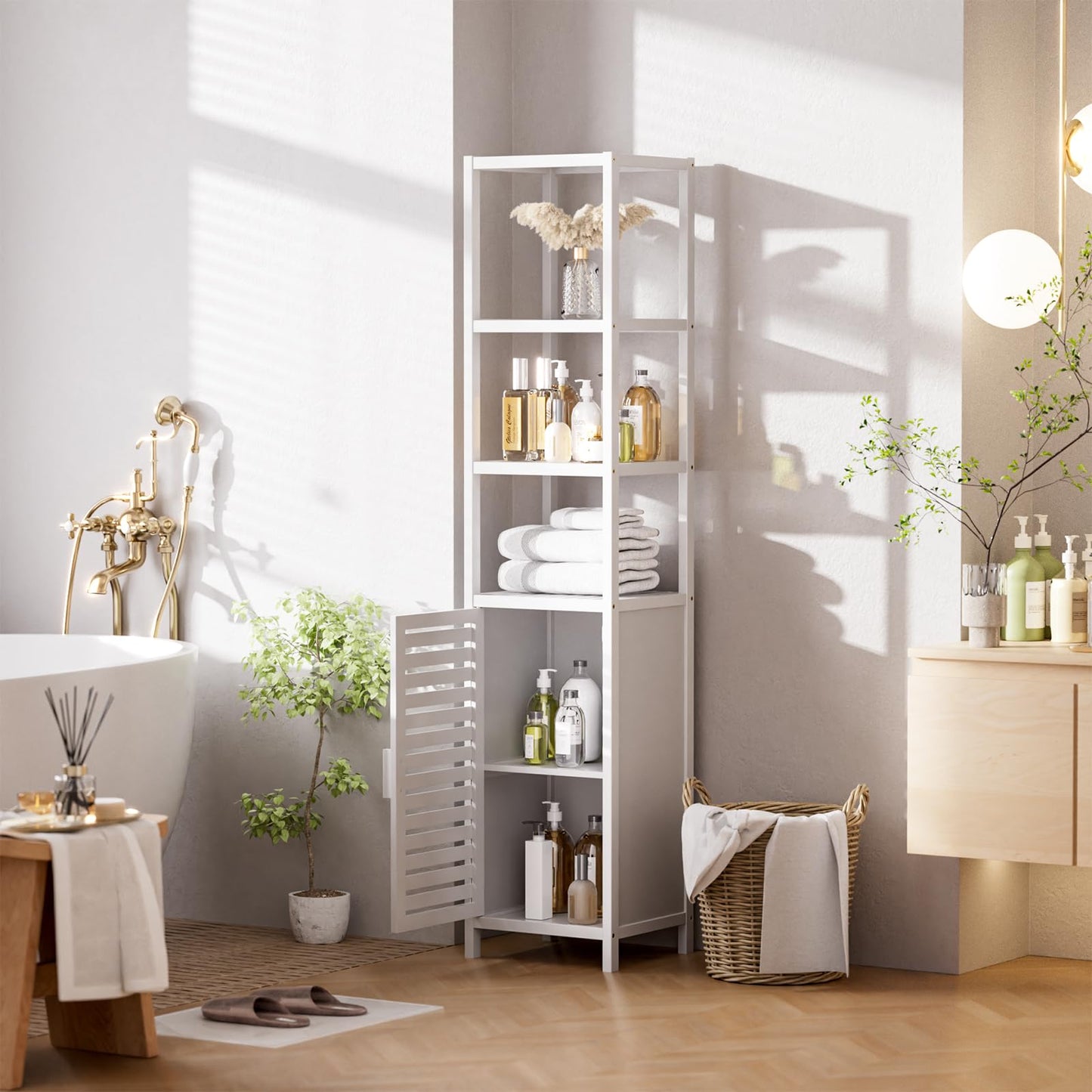 HITNET Bathroom Cabinet Bamboo Black Bathroom Cabinet Tall Cabinet Narrow Freestanding Floor Standing with Open Shelf and Single Door