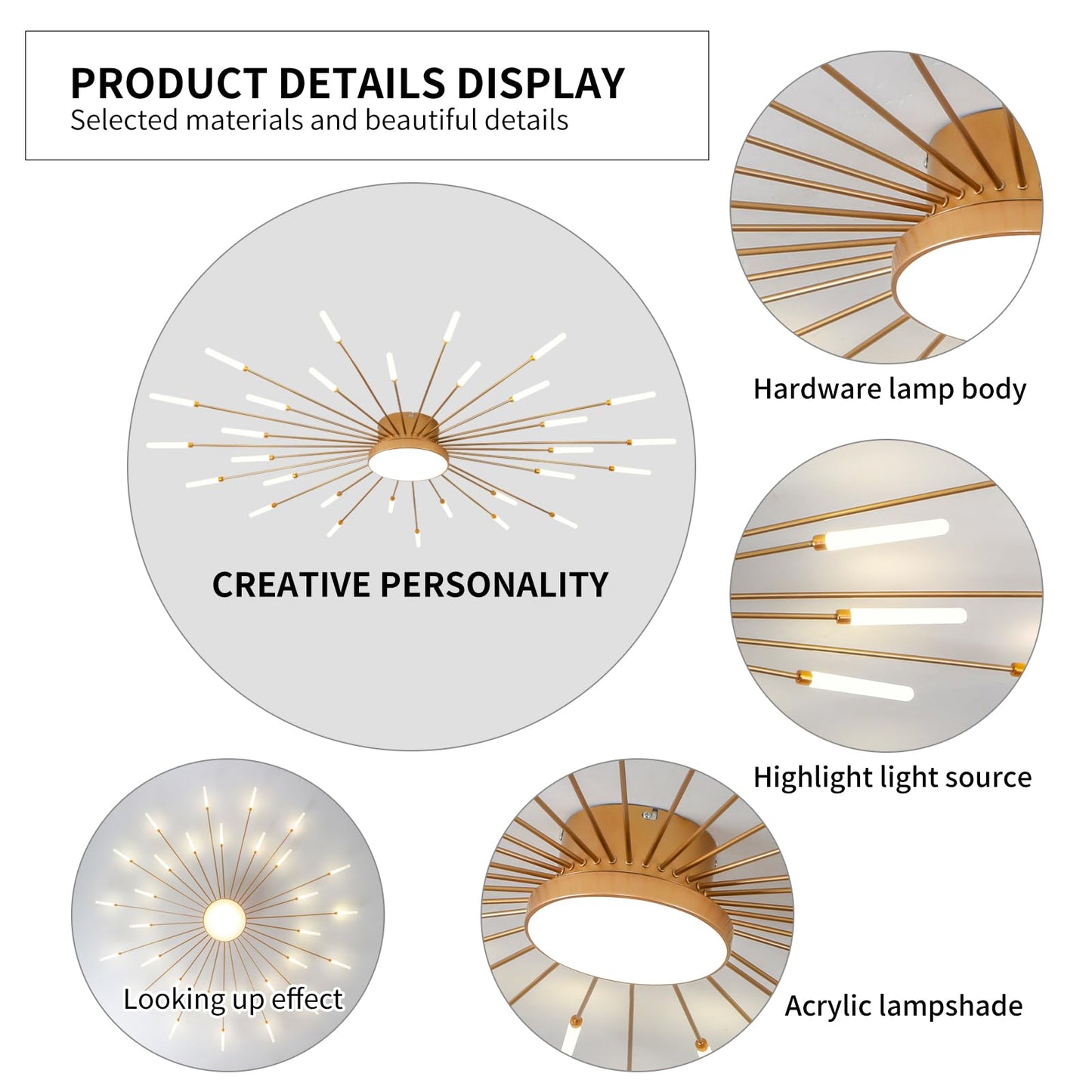 minifair Moderne LED-Deckenleuchte, 12 + 1 Köpfe, halbbündige Deckenleuchte, goldene Kronleuchter, Deckenbeleuchtung für Schlafzimmer, Wohnzimmer, Küche, Esszimmer, Restaurant