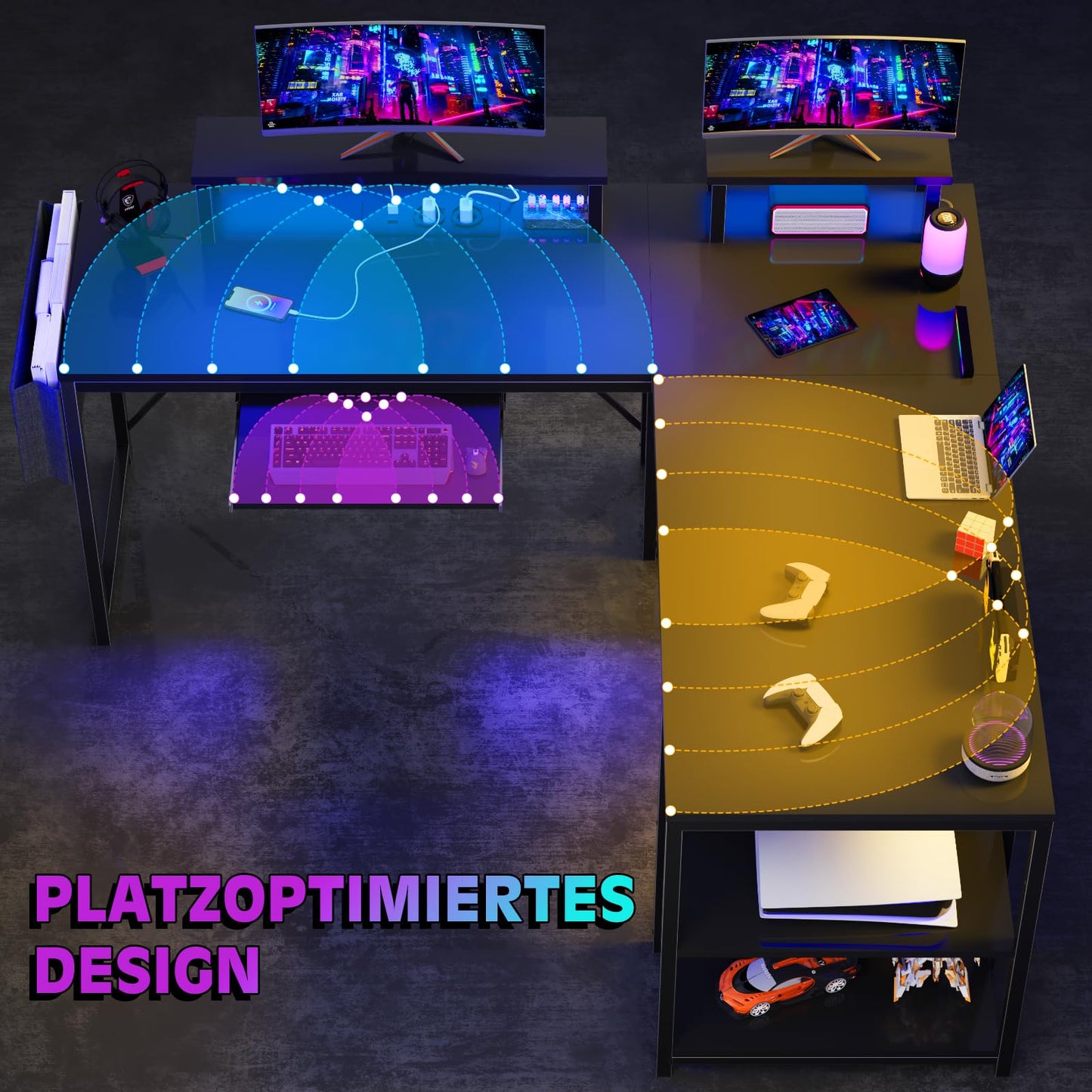 Flamaker Gaming Tisch l Form 140x140 cm - Eckschreibtisch mit RGB LED, Monitorständer & Ablagefach | 2 Steckdosen + 2 USB-Anschlüsse (Weiß)