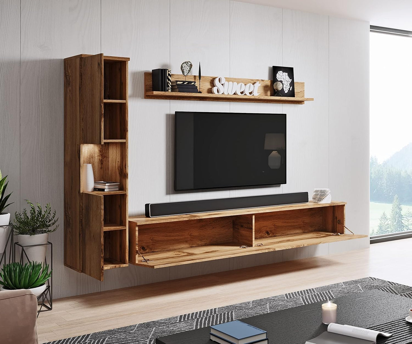 MINIO go for it - Parma XL Wall Unit, 4-Piece Set, with LED Lighting, Hanging or Standing, 2 x Highboard, Lowboard, Wall Board, Laminated Chipboard, Colour: Wotan Oak