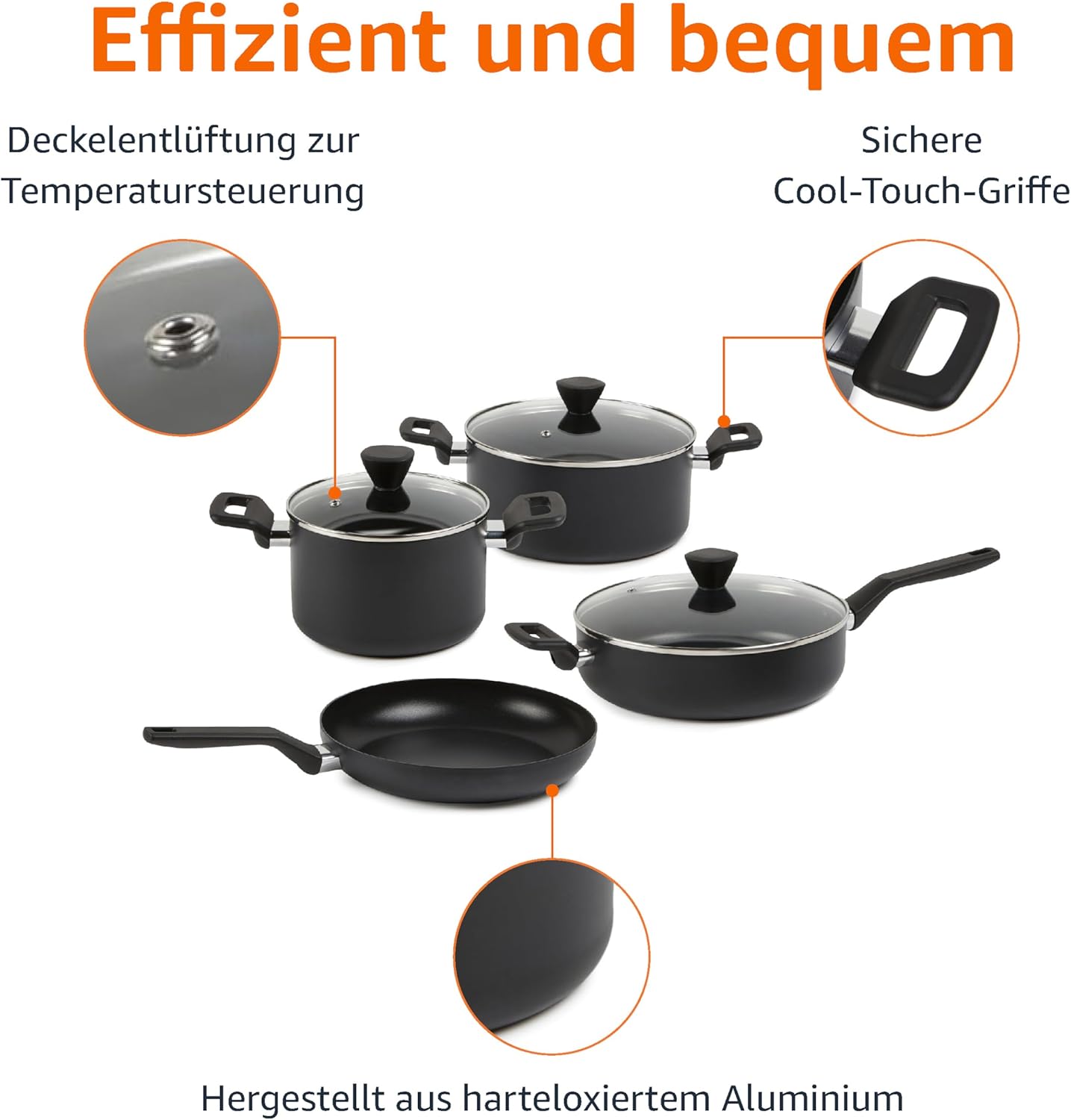 Amazon Basics 10-teilig Harteloxiertes, antihaftbeschichtetes, stapelbares Kochgeschirr-Set mit Töpfen und Pfannen platzsparend, PFOA-frei, Schwarz