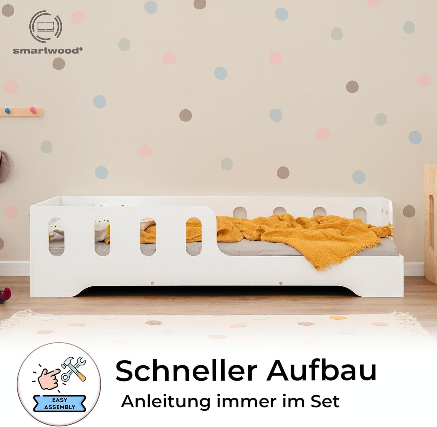 smartwood Kinderbett 80x160 Montessori Bett mit Rausfallschutz & Lattenrost - Kiefernsperrholz mit FSC-Zertifikat - für Jungen und Mädchen - Einfache Montage - TILA 1L