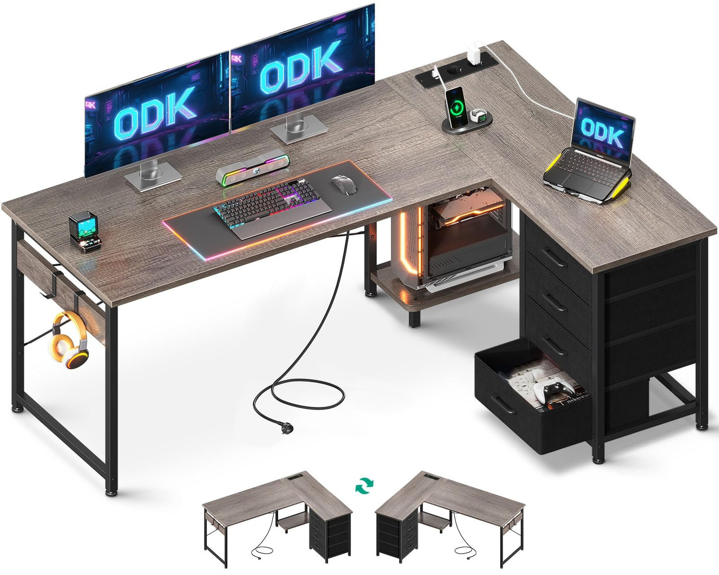 ODK Corner Desk with 4 Drawers, 135 x 100 cm, L Shape Desk with Socket and USB Charging Port, Reversible Desk with Storage Space for Home Office and Gaming, Black
