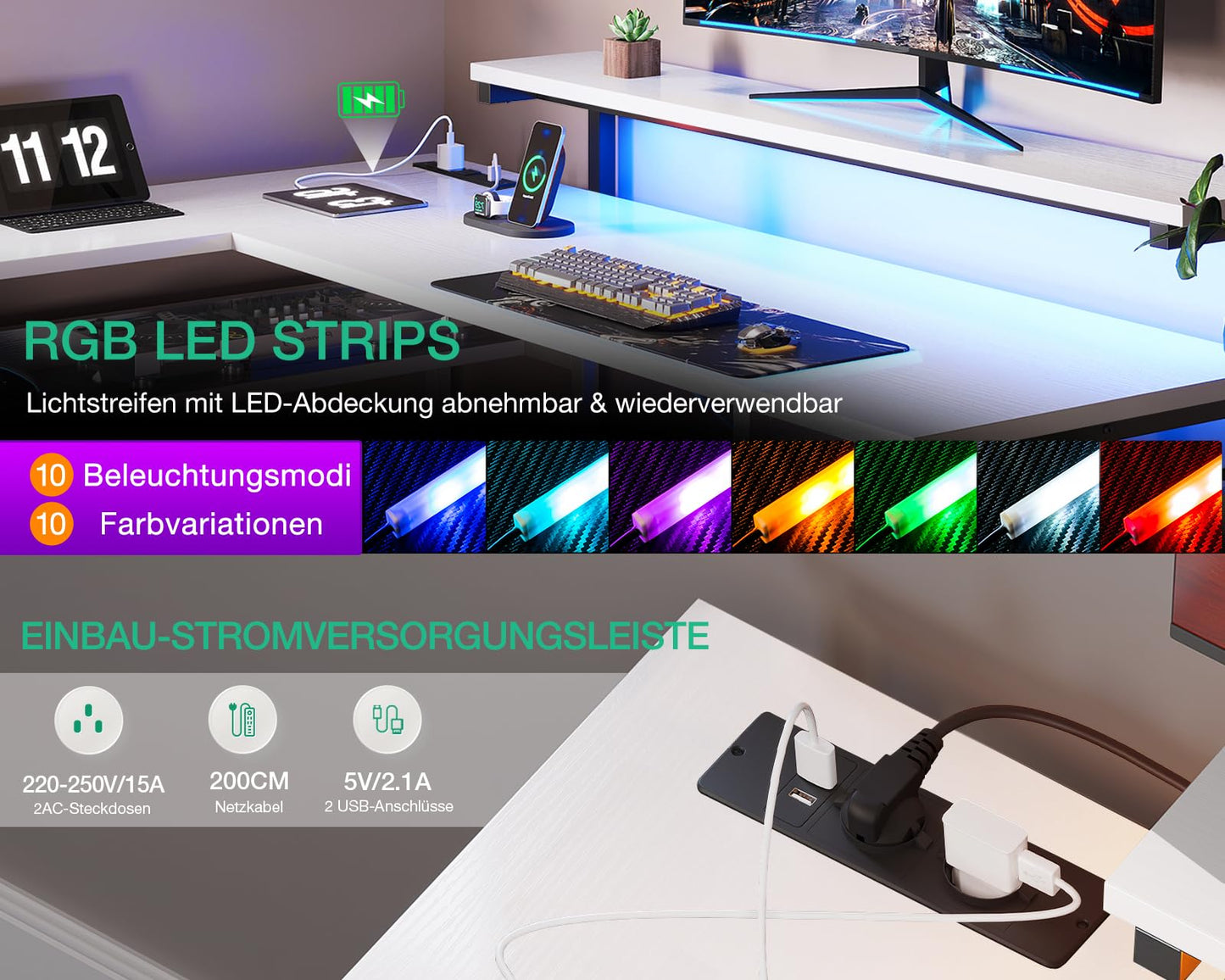 ODK Schreibtisch mit Schubladen, Reversible Eckschreibtisch mit 2 Steckdosen und 2 USB Ladeanschluss, Bürotisch L Form mit LED für Home Office 135×110cm (Graueiche)