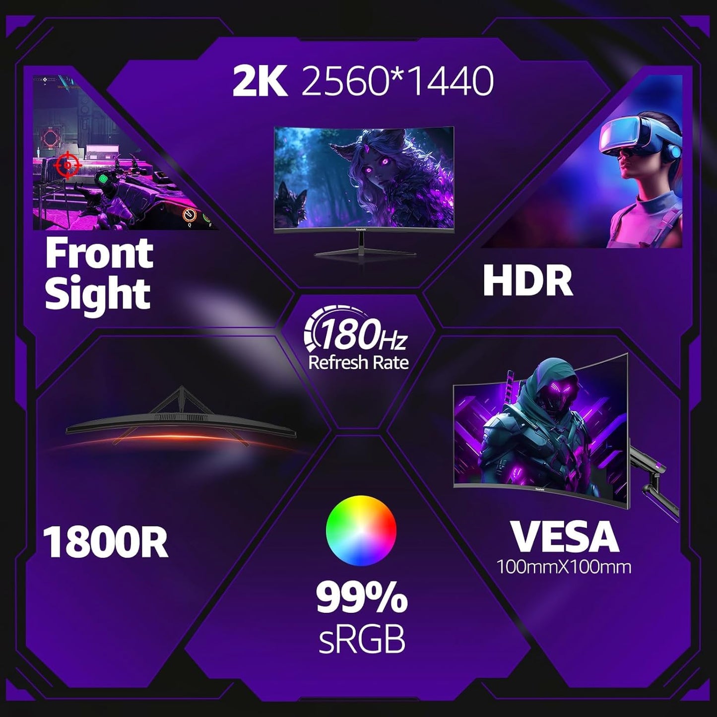 Gawfolk 32 Zoll Curved Gaming Monitor 180HZ / 165Hz / 144hz PC Bildschirm Full HD 1080P, Rahmenloses 1800R Gebogenes Computerbildschirm mit FreeSync und Eye Care Technologie, unterstützt VESA