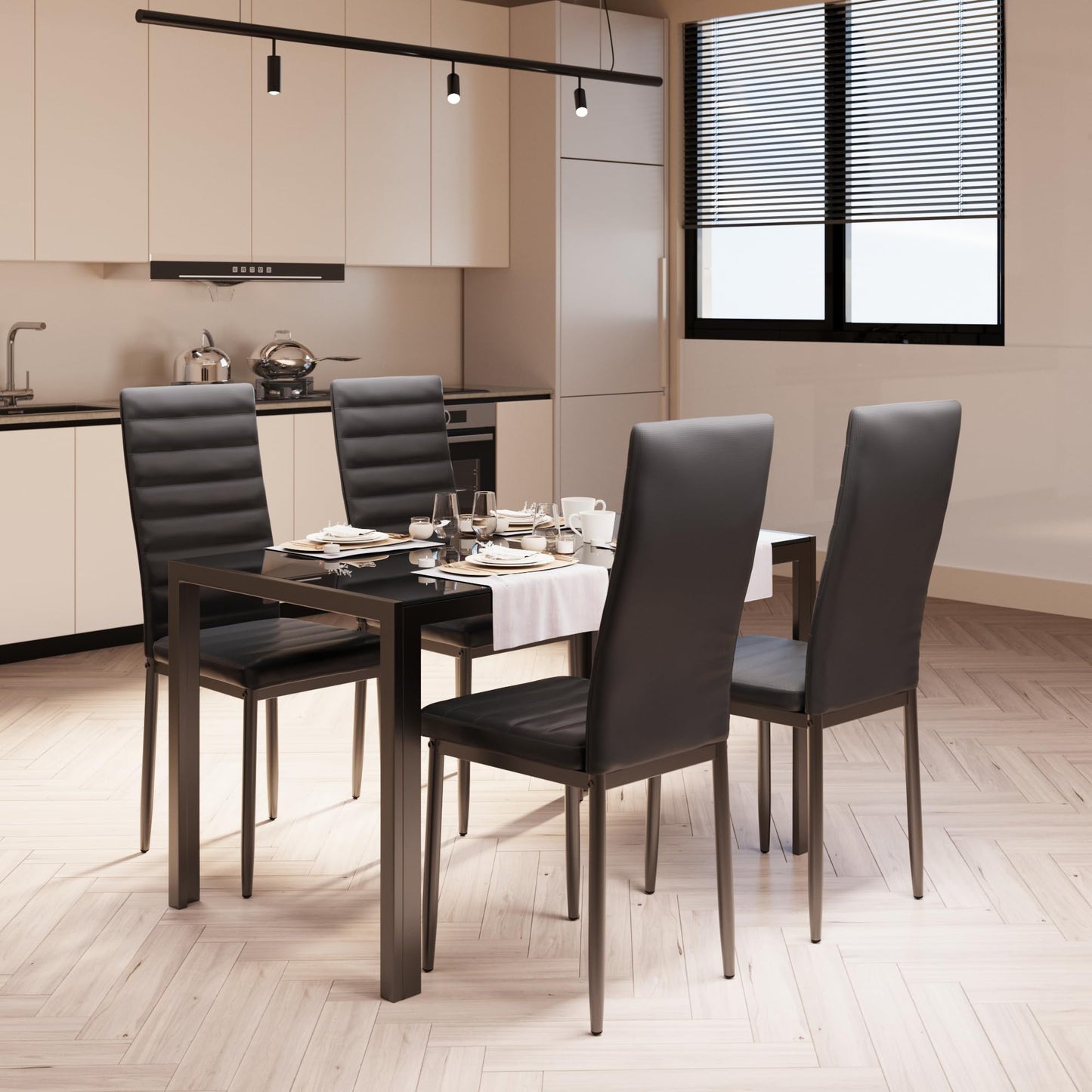 Bealife Dining Table with 4 Chairs Set, Dining Table and Chairs for 4 People, Dining Room 6 Chairs and Table, Set with Dining Table and Chairs for Kitchen, Dining Room and Living Room (Black, 4