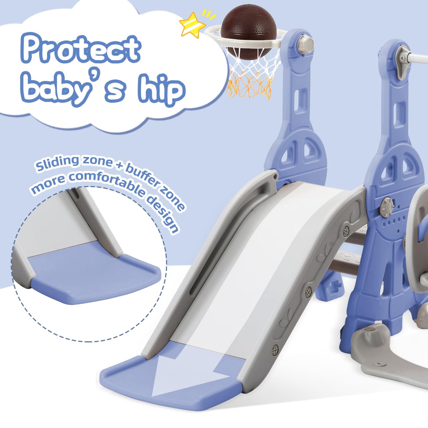 Kinderrutsche, Babyschaukel, 4 in 1, mit Schaukeln, Treppen, Gleiten, Basketballgestellen, Spielplatz für drinnen und draußen, multifunktionale Rutsche (Rosa, Kaninchen)