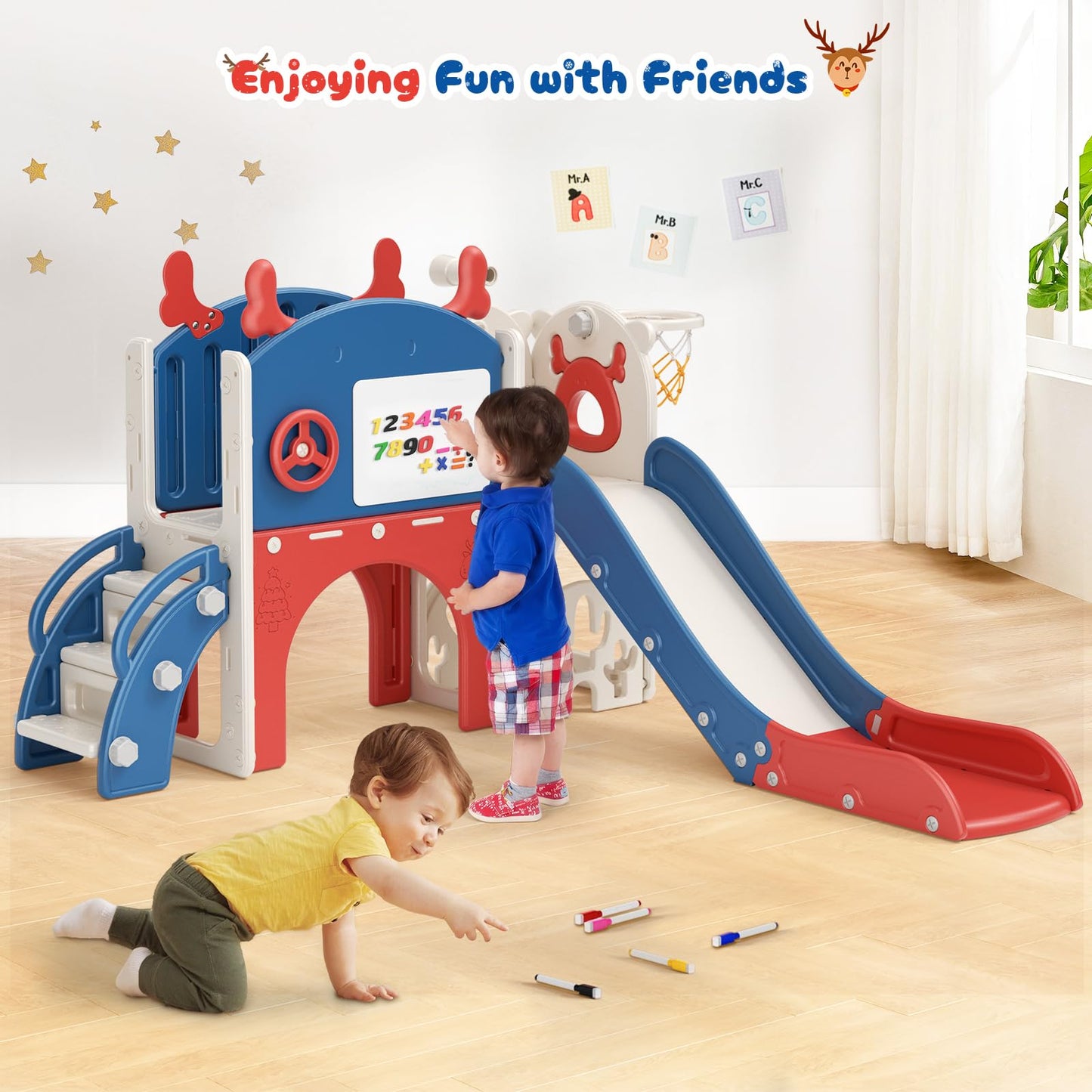 Krovtoy Kleinkindrutsche mit Weihnachtselch-Motiv, freistehende Kleinkindrutsche mit Golf-Set, Babyrutsche, Spielplatzgerät, für den Innen- und Außenbereich (Grau Beige - 6 in 1)