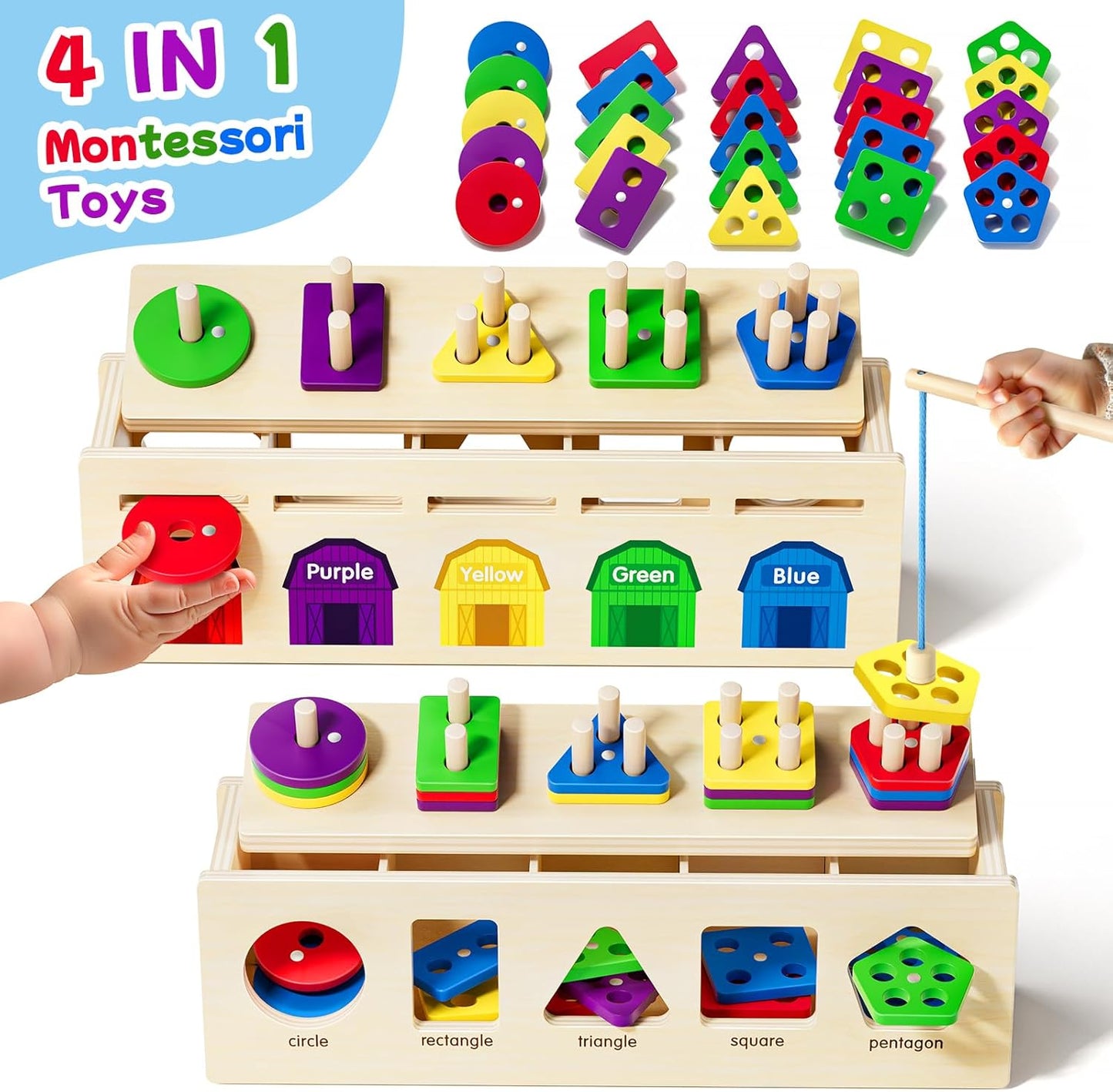 UMEREACT 4 in 1 Shape Sorter, Sorting and Stacking, Wooden Montessori Toy, 12 Months Old Baby Boys and Girls, Colour Matching, Counting and Fishing Game for 1, 2 and 3 Year Old Gifts