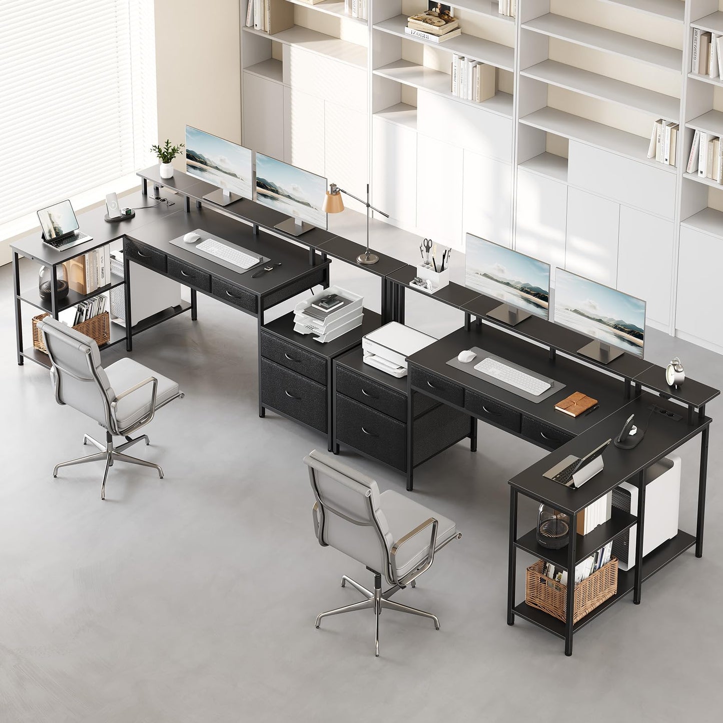 Seventable Schreibtisch L Form, Computertisch mit Steckdose, LED & Monitorständer, Reversibel Eckschreibtisch mit Schubladen, perfekt für Schlafzimmer Büro Wohnzimmer