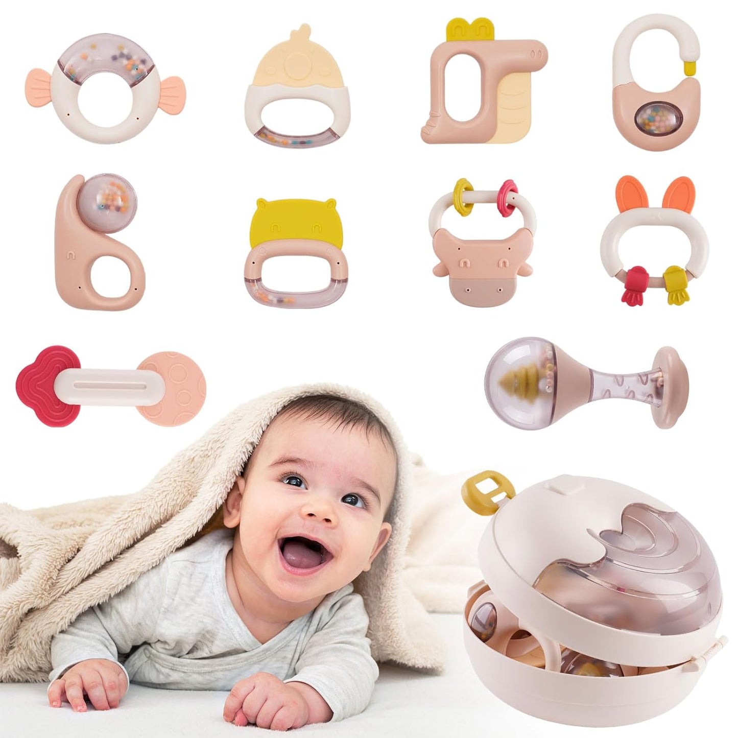 Rattle Teething Ring Set, 10 Pieces BPA-Free Silicone Baby Toy, Rattles Teether for Babies 0-9 Months, Silicone Rattle Toy with Storage Box
