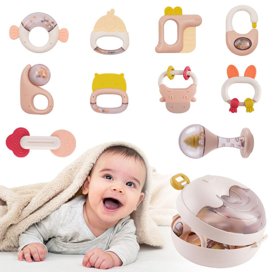Rattle Teething Ring Set, 10 Pieces BPA-Free Silicone Baby Toy, Rattles Teether for Babies 0-9 Months, Silicone Rattle Toy with Storage Box