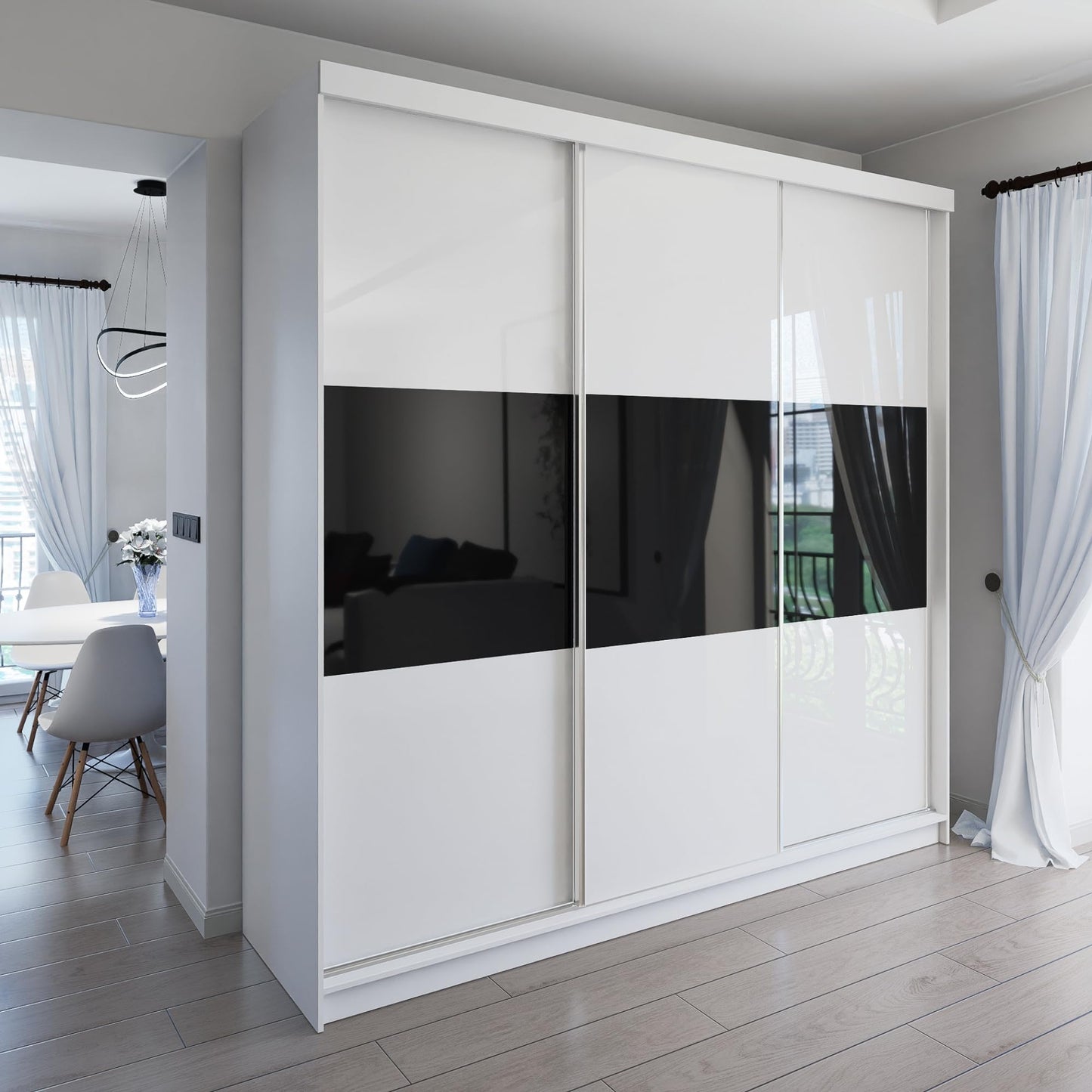 Marlux-Meble Two-Door Wardrobe 230 cm Wide with Floating and Sliding Doors Corner Wardrobe Bedroom Cabinet Hallway Cabinet System Cabinet High Gloss Cabinet