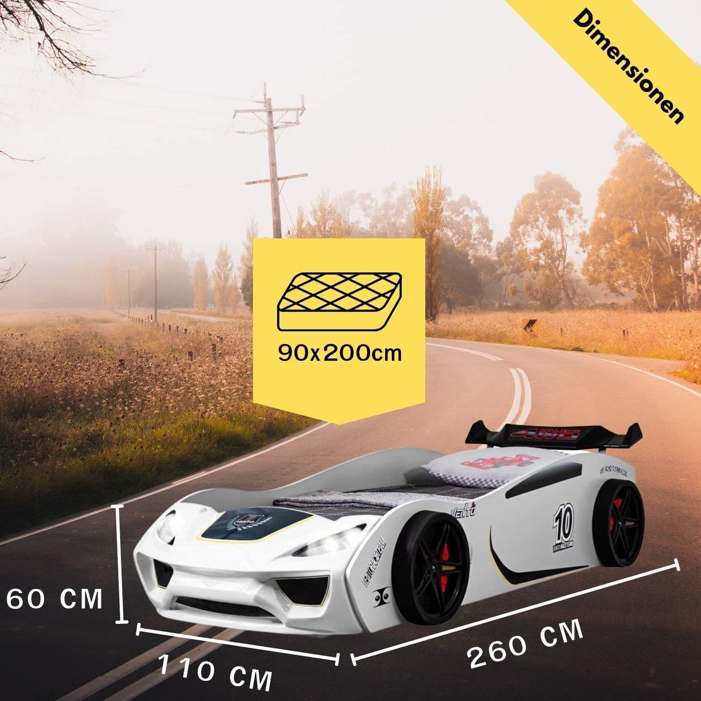 Coemo Dream Racer Children's Car Bed 90 x 200 cm in Racing Car Design with LED Lighting and Slatted Frame for Boys and Girls - Beds Colour White - Racing Bed