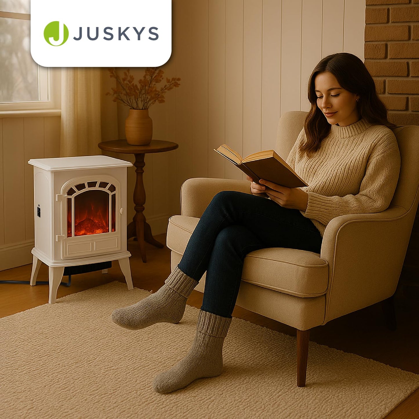 Juskys Electric Fireplace 2000W - White, Electric Standing Fireplace with Flame Effect, 2 Heat Settings, Thermostat & Safety Shutdown for Living Room