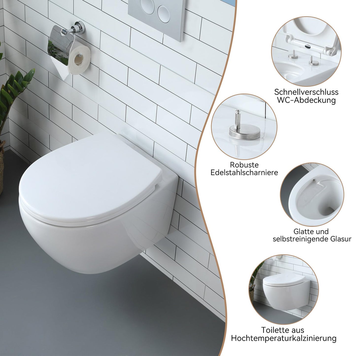 HOROW Wand WC Keramik Hänge WC Set Toiletten mit abnehmbaren Deckel sitz mit Absenkautomatik Hängetoilette, D-Form, kompakte Design Toilette Gästebad