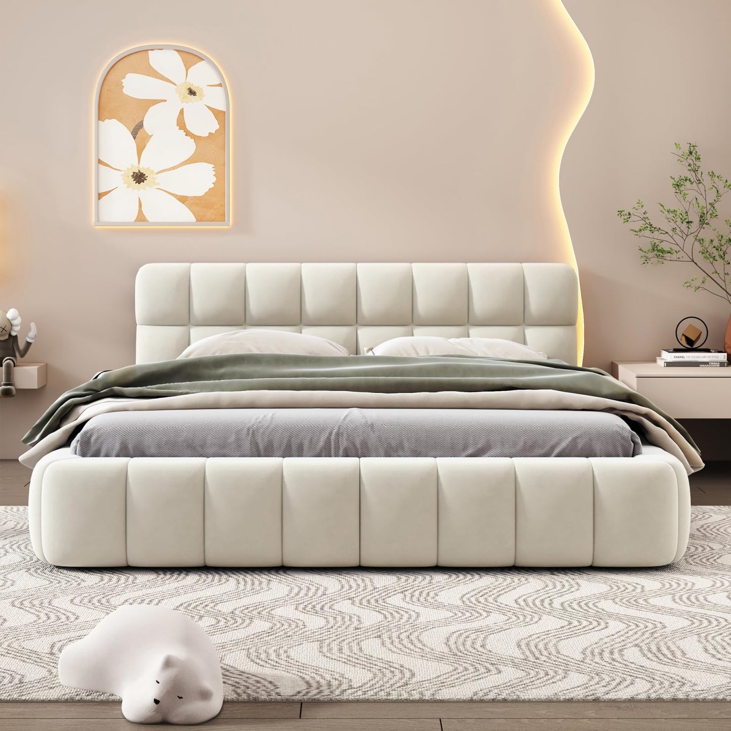DULRLLY Bubble Bett Polsterbett 140x200 cm,Doppelbett mit Lattenrost, Jugendbett mit Gepolstertes Kopfteil, Gepolstertes Bett für Schlafzimmer und Gästezimmer,ohne Matratze, Leinenstoff (Weiß)