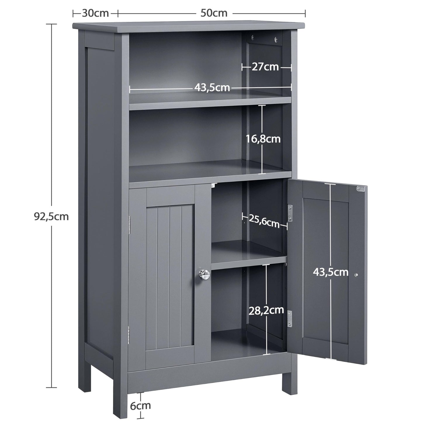Yaheetech Bathroom Cabinet with Double Door and 2 Open Shelves Bathroom Shelf Bathroom Chest of Drawers with Adjustable Shelf Dark Grey 50 x 30 x 92.5 cm