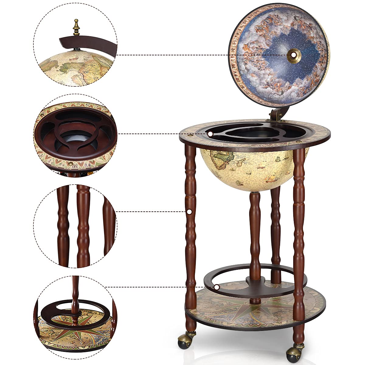 RELAX4LIFE Globe Bar on Wheels, Bar Trolley with World Globe, Bar Table Solid Wood, Serving Trolley with Wine Bottle Holder, Mobile Cocktail Bar, Antique Look, Decorative Mini Bar Serving Table
