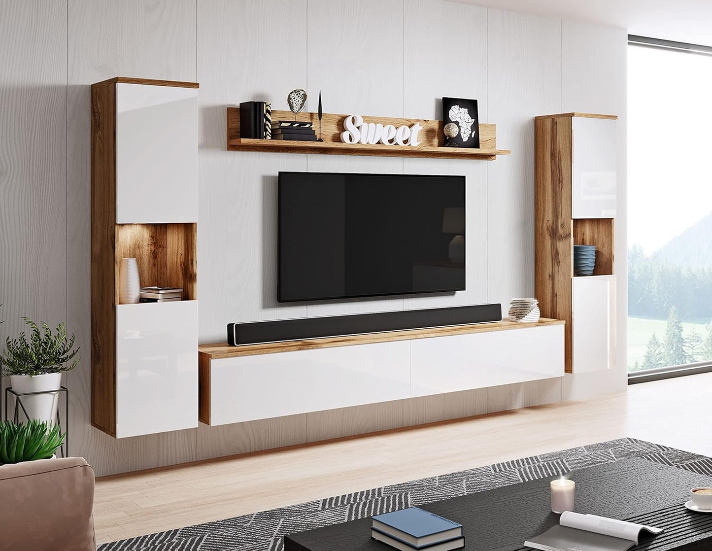 MINIO go for it - Parma XL Wall Unit, 4-Piece Set, with LED Lighting, Hanging or Standing, 2 x Highboard, Lowboard, Wall Board, Laminated Chipboard, Colour: Wotan Oak