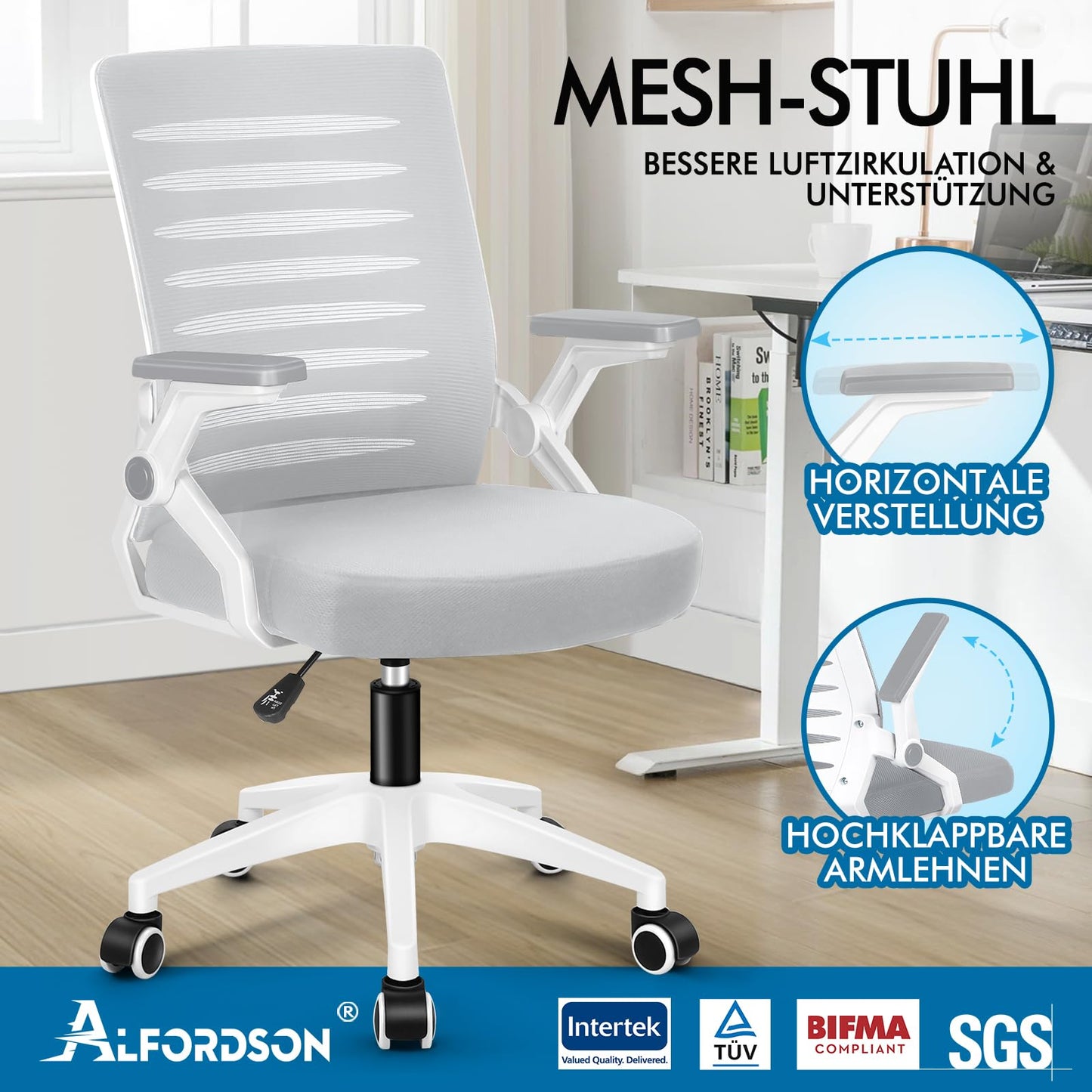ALFORDSON Bürostuhl, Lendenstütze, Atmungsaktives Netz und Stoff, Hochklappbare/Verstellbare Armlehnen, Hochwertiger Schaumstoff, 180kg für Zuhause & Gaming, Wale, Schwarz