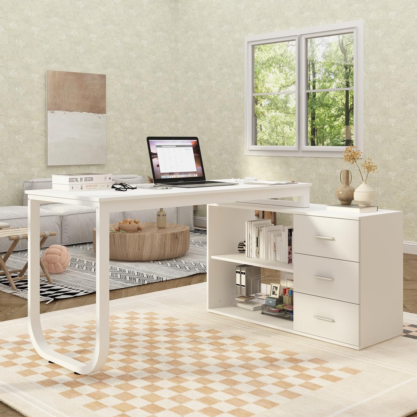 DEZAGCE L Förmiger Schreibtisch, Eckschreibtisch, Computertisch, Schbreibtisch mit 3 Schubladen und 105 cm Länge Aktenschrank,Arbeitstisch, Schreibtische, Weiß, 140 x 105 x 75 cm