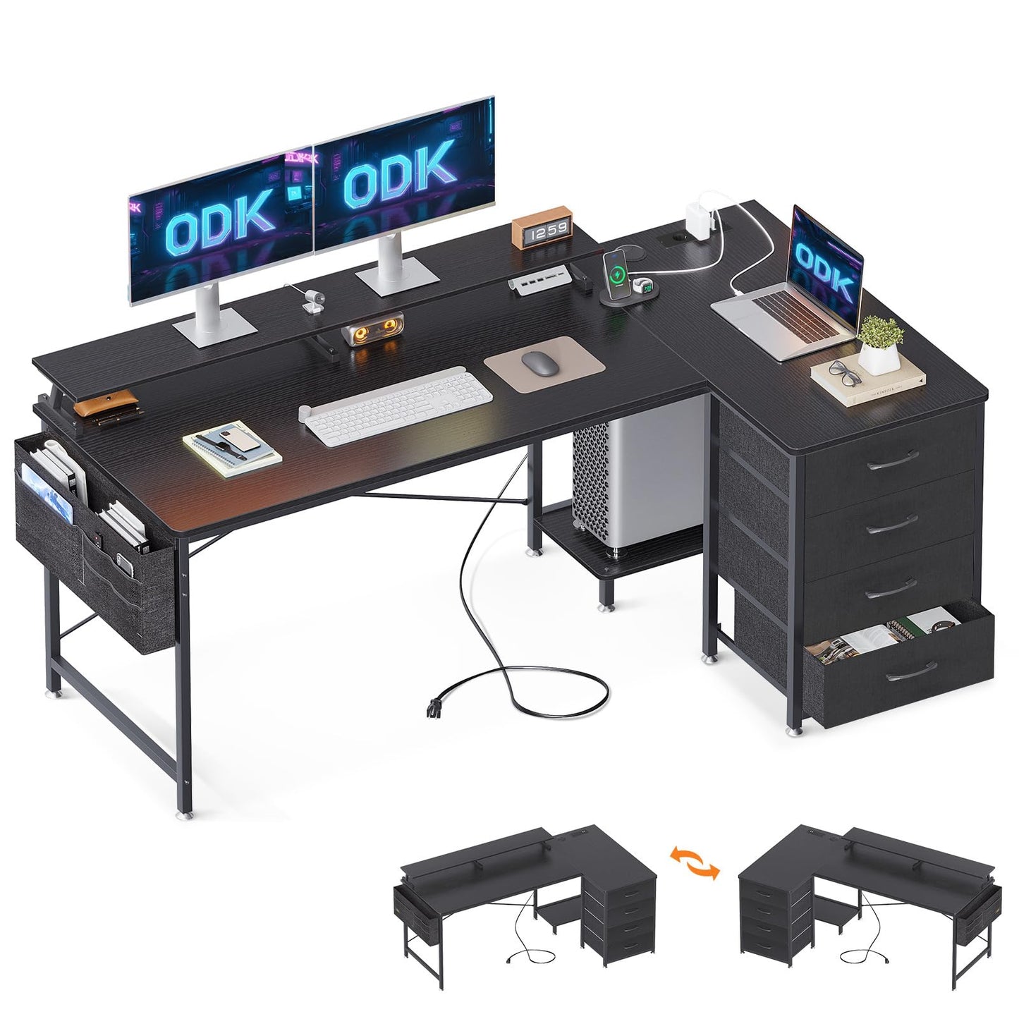 ODK Corner Desk with 4 Fabric Drawers, 140 x 80 cm, Desk L Shape Reversible with USB Charging Port and Socket, L Shaped Desk with Monitor Shelf for Home Office, White