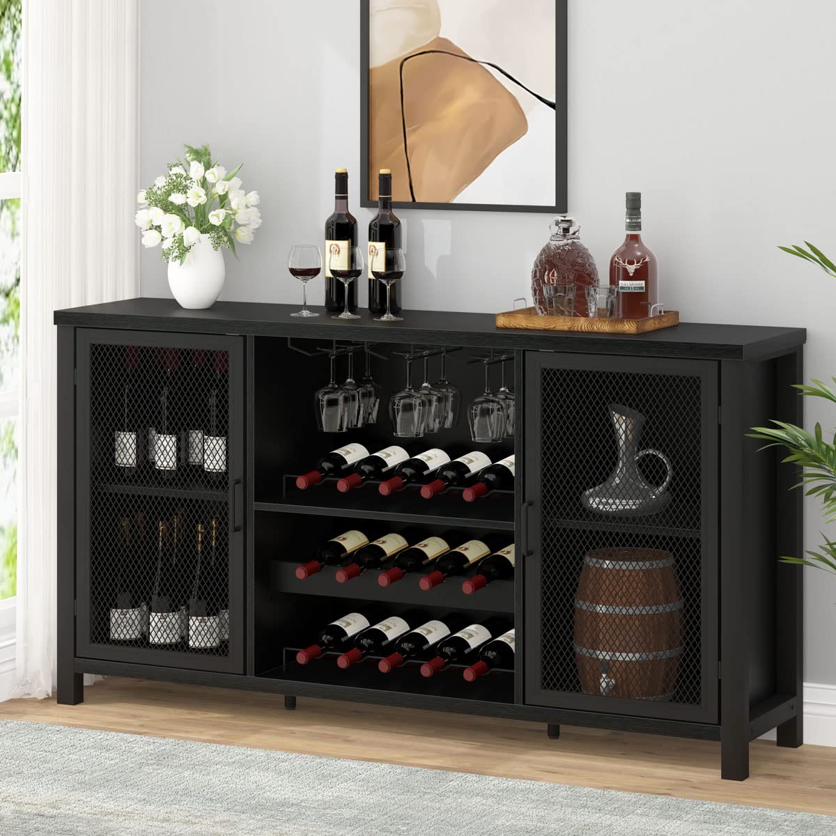 Mudmasa Küchenschrank Buffetschrank Sideboard Barschrank, Küchekommode Holz, mit 2 Türen, Weinschrank Beistellschrank für Wohnzimmer, Küche, Esszimmer, 35 x 140 x 82 cm, Schwarz
