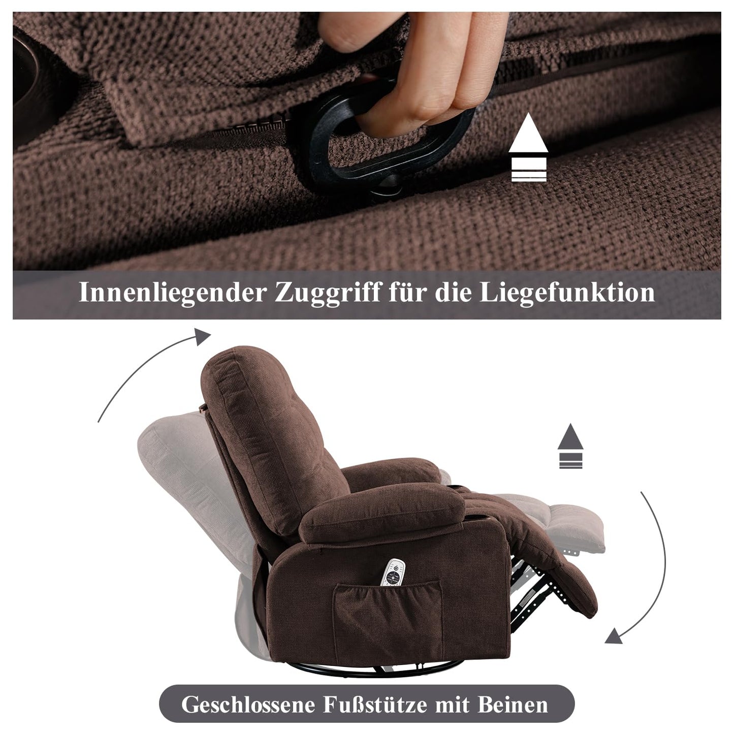 Bosmiller Relaxsessel mit Liegefunktion Massagesessel Oversize Fernsehsessel 360°Drehbarer Liegesessel Heizung Verstellbar Sessel Stoff