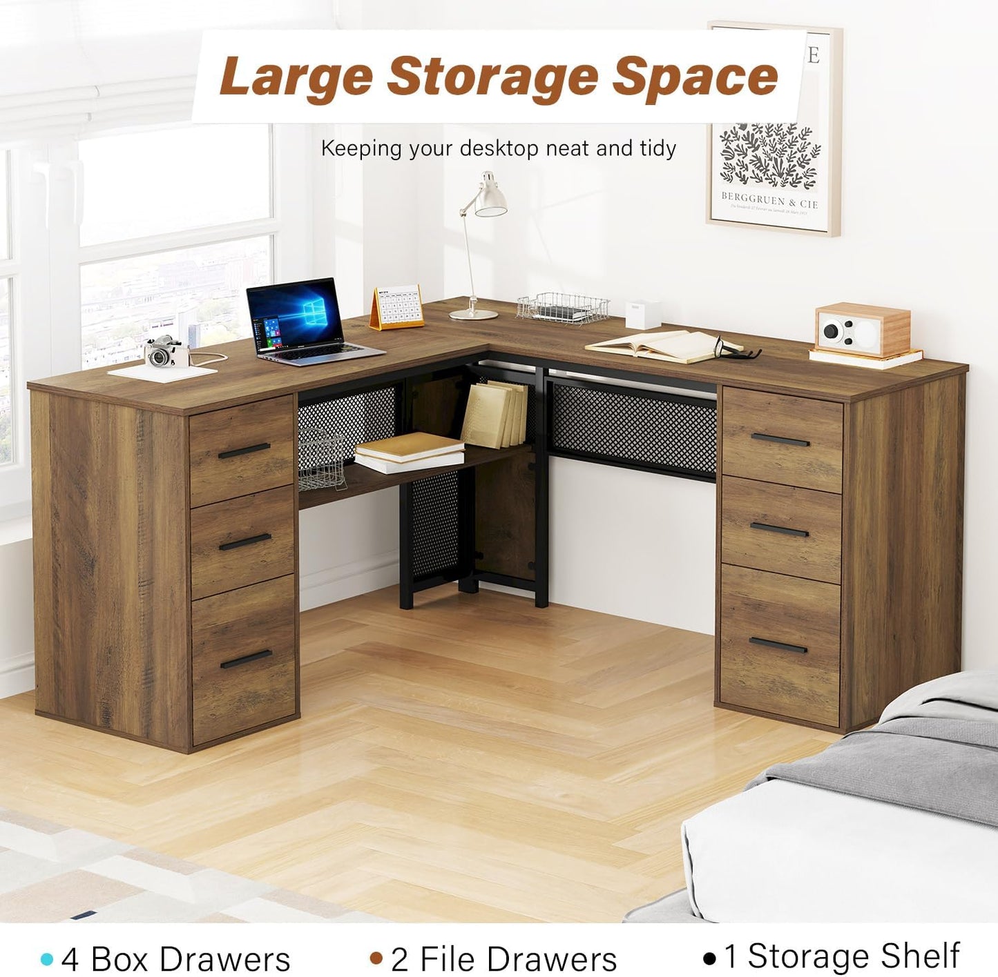 HSH - Black L Shape Corner Desk with Filing Drawers and Shelves, Reversible Corner Desk Made of Metal and Wood with Storage Cabinets