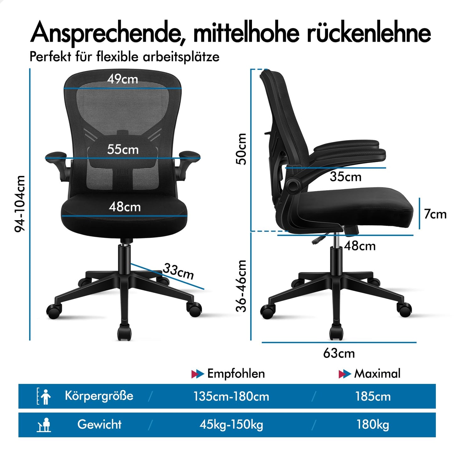 ALFORDSON Bürostuhl, Lendenstütze, Atmungsaktives Netz und Stoff, Hochklappbare/Verstellbare Armlehnen, Hochwertiger Schaumstoff, 180kg für Zuhause & Gaming, Wale, Schwarz