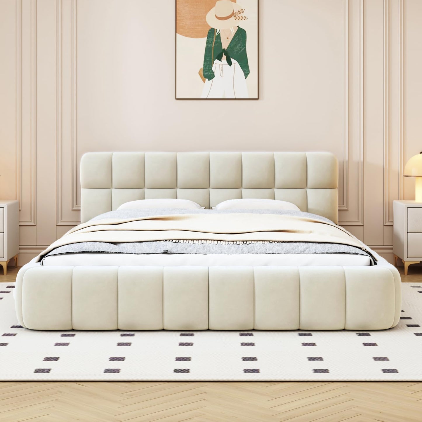 DULRLLY Bubble Bett Polsterbett 140x200 cm,Doppelbett mit Lattenrost, Jugendbett mit Gepolstertes Kopfteil, Gepolstertes Bett für Schlafzimmer und Gästezimmer,ohne Matratze, Leinenstoff (Weiß)