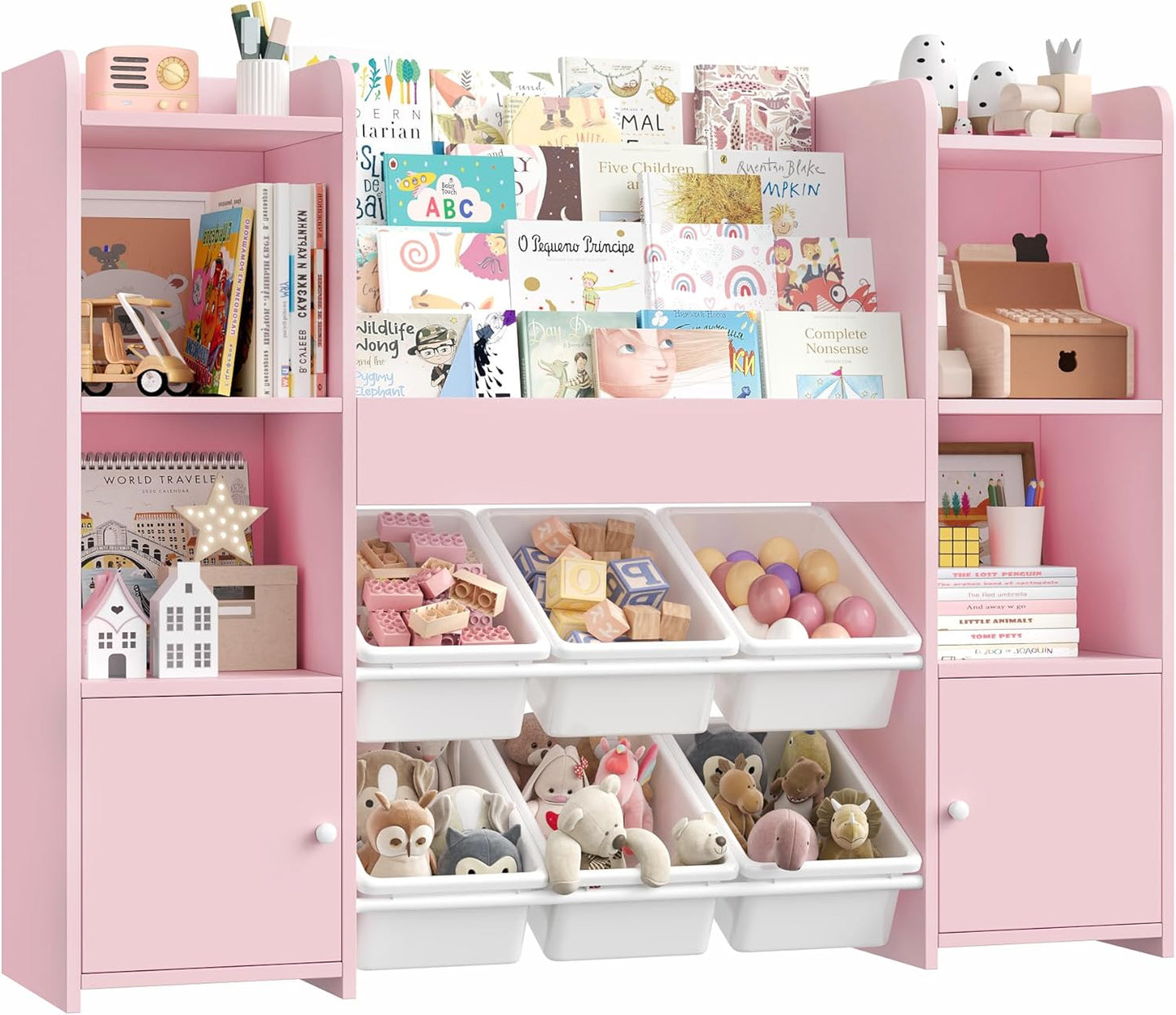 FOREHILL Children's Shelf with Children's Bookcase, Children's Room Furniture Made of Wood, Bookcase for Children with Storage Box, Children's Cabinet with Toy Box, Children's Shelf with 6 Boxes, 119
