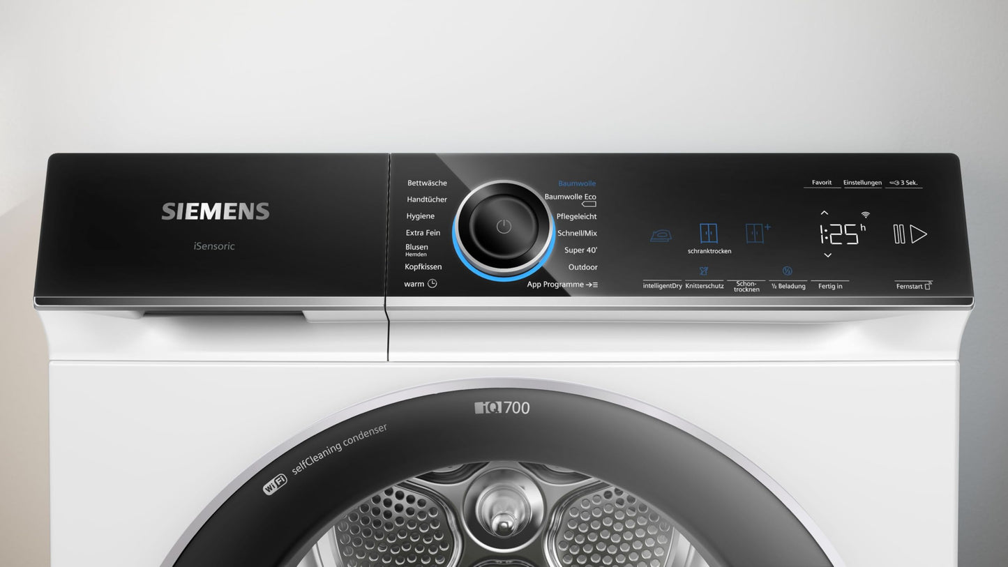 Siemens WQ35B2B30 Wäschetrockner iQ700, Wärmepumpentrockner mit 8kg Fassungsvermögen, directTouch LED-Display, autoDry, Outdoor-Programm, Home-Connect, Weiß, 60cm
