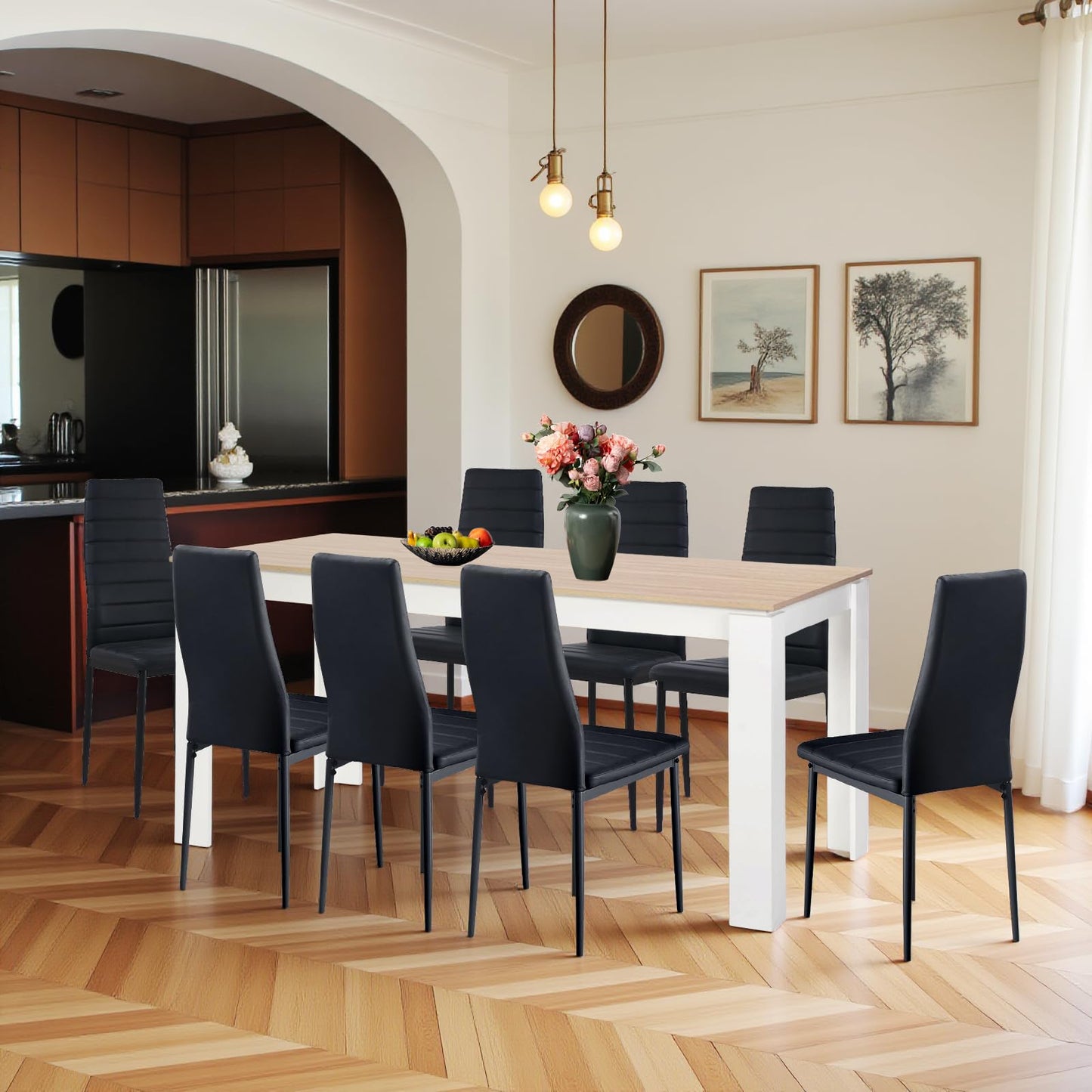 FURNITABLE Esstisch mit 6 Stühlen Esszimmergruppe, Essgruppe mit Hochlehner Kunstleder Stuhl für 6 Personen, Sitzgruppe für Küche Wohnzimmer(160cm Eiche-Weiß Tischbein Tisch+6 Schwarz Stühle)